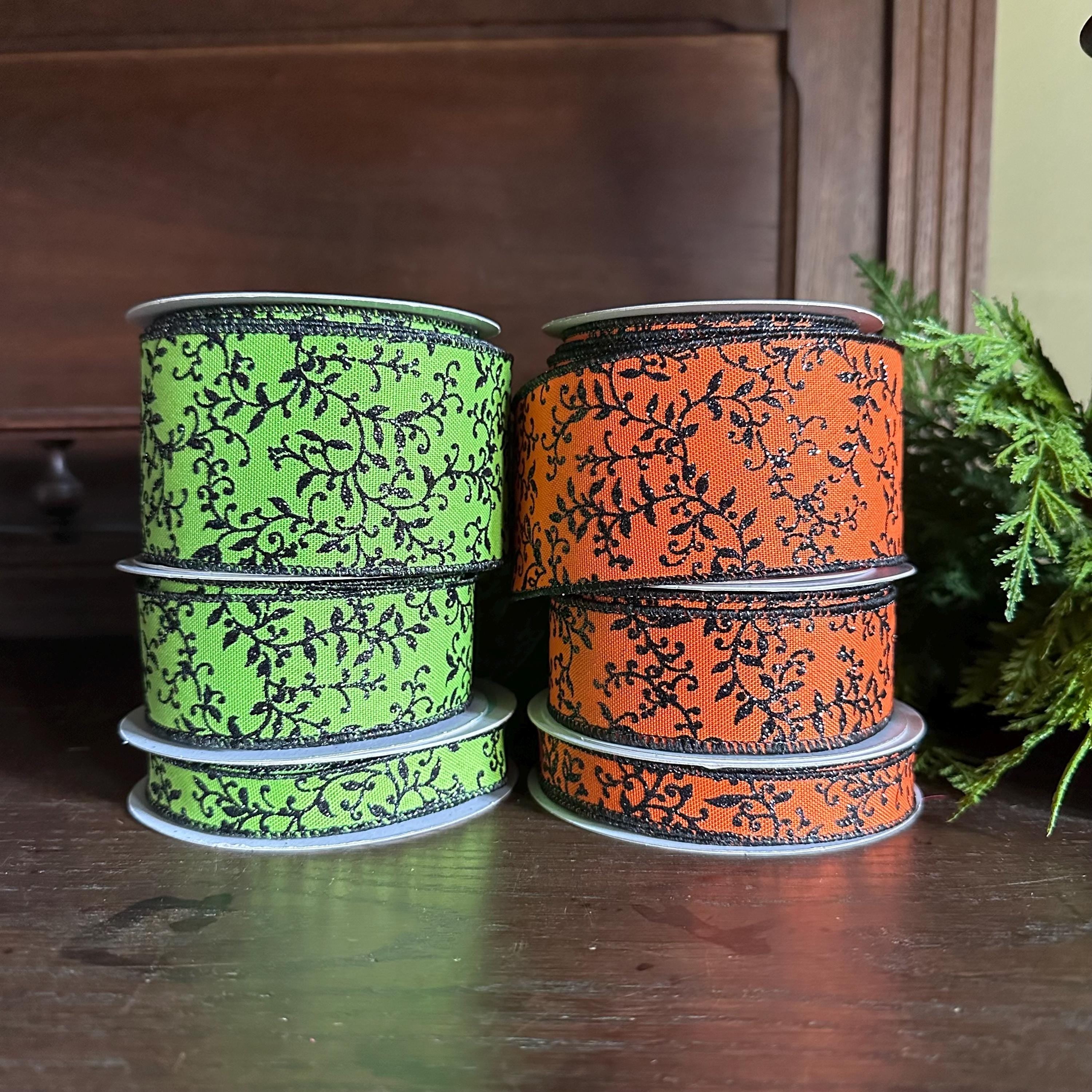 Wreath Making Supply Halloween Ribbon Collection Black Pattern Design Premium Wired Edge Construction Orange Green Color Options Multiple Width Choices Craft Project Essential Beautiful Pattern Detail Professional Quality Material Seasonal
