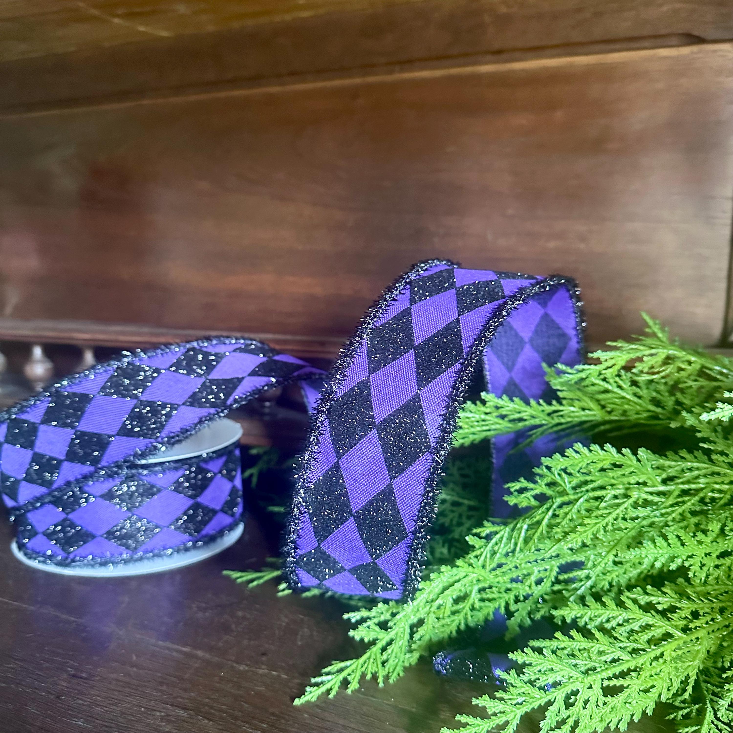 Harlequin Ribbon Purple Black Glitter Wired Edge Ribbon Halloween Decor Mardi Gras Ribbon Wreath Bow Ribbon 10 Yard Roll