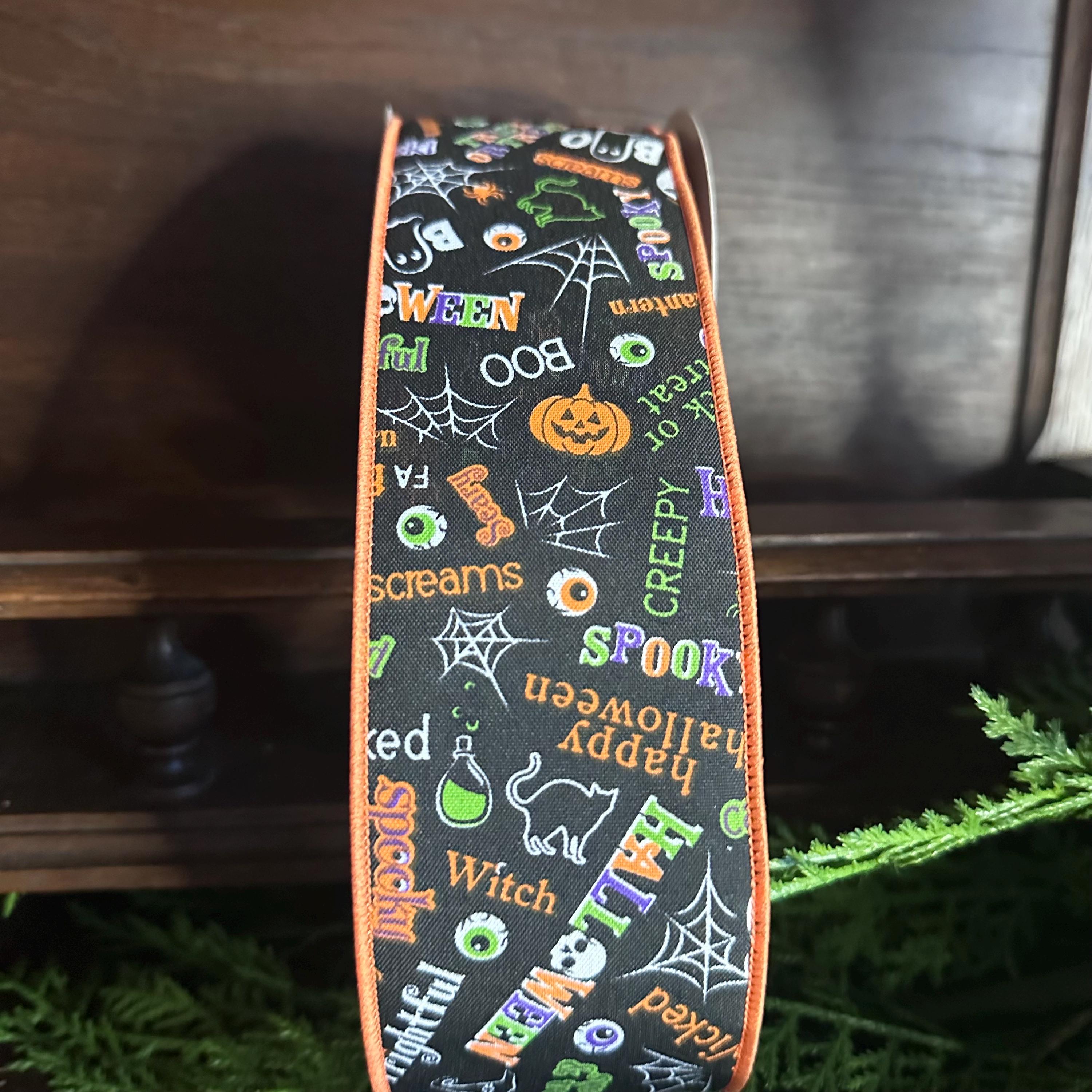Halloween Ribbon Trick or Treat Ribbon Wired Edge Ribbon Pumpkin Ghost Black Cat Witch Ribbon Wreath Ribbon 2.5 Inch 10 Yard Roll
