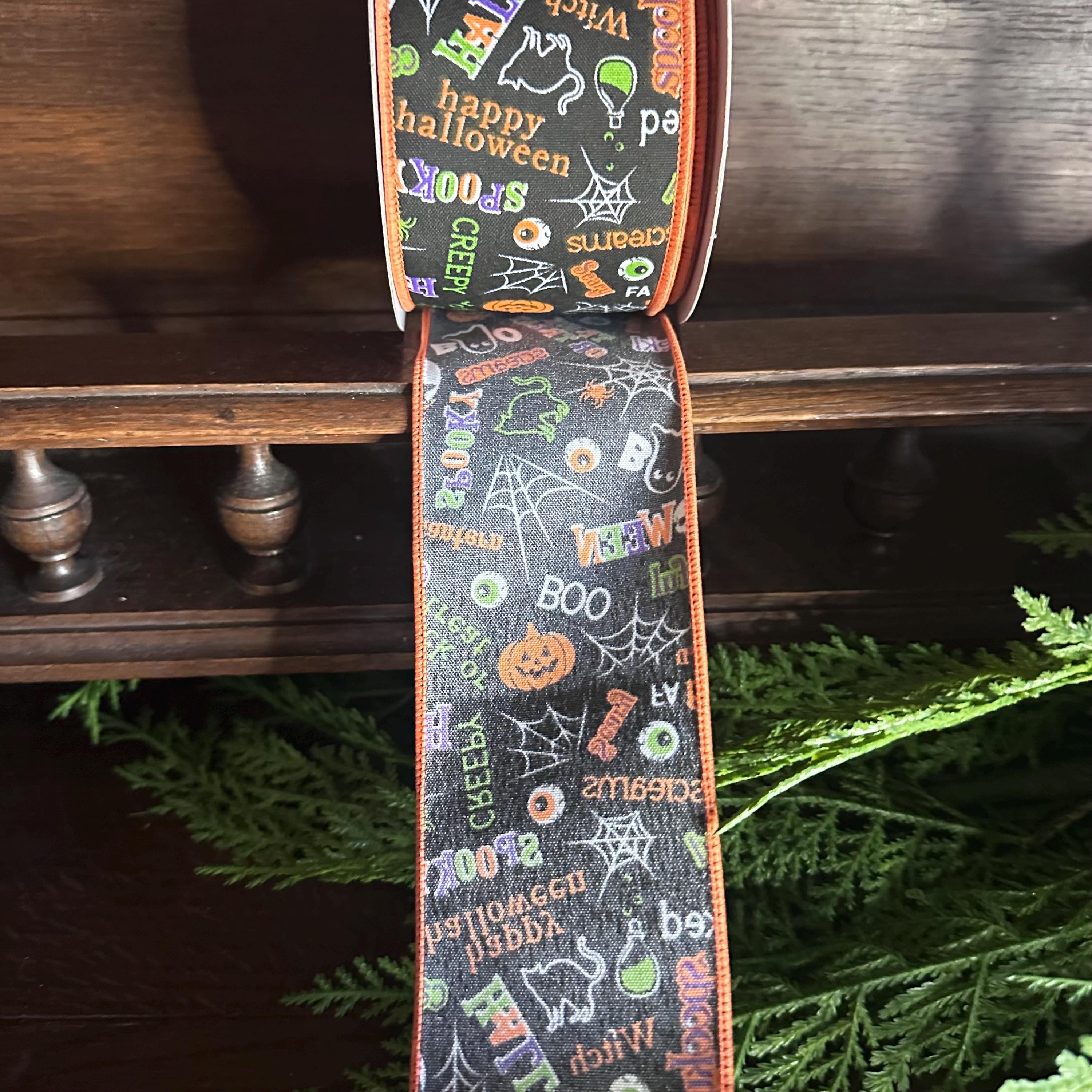 Halloween Ribbon Trick or Treat Ribbon Wired Edge Ribbon Pumpkin Ghost Black Cat Witch Ribbon Wreath Ribbon 2.5 Inch 10 Yard Roll