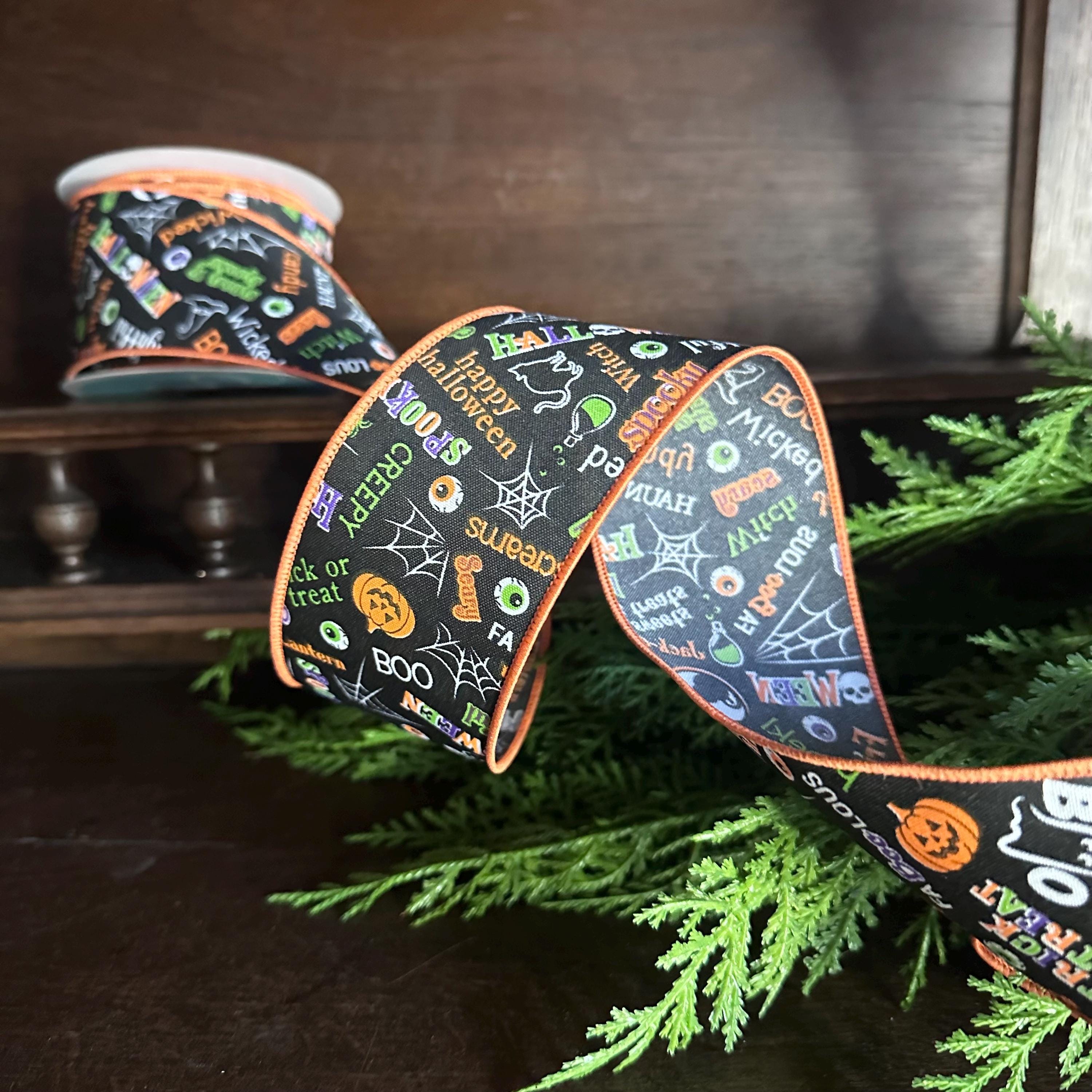 Halloween Ribbon Trick or Treat Ribbon Wired Edge Ribbon Pumpkin Ghost Black Cat Witch Ribbon Wreath Ribbon 2.5 Inch 10 Yard Roll