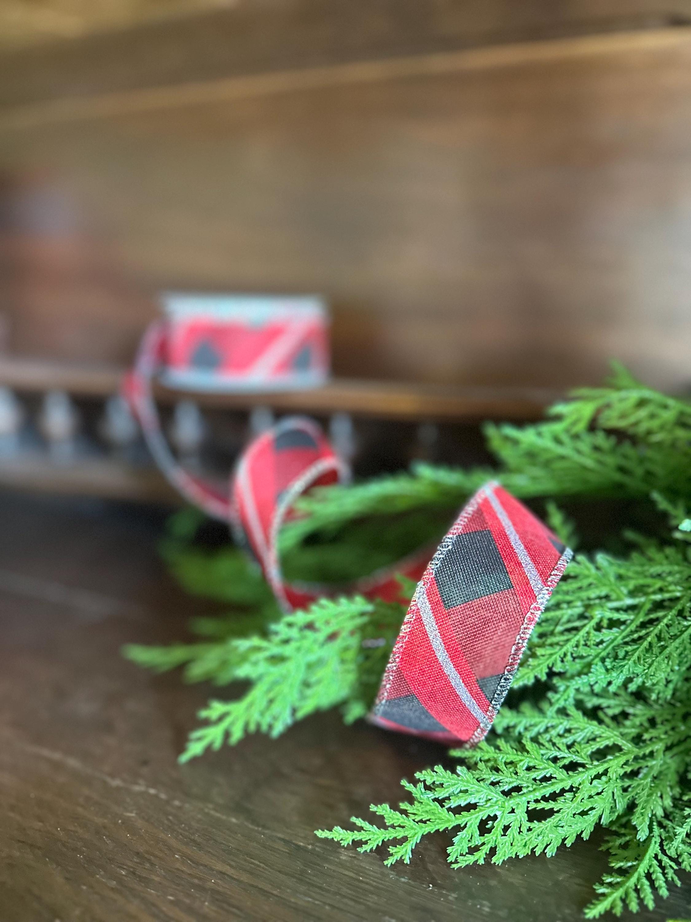 Buffalo Plaid Ribbon Metallic Trim for Christmas Wreath Bows, Gift Wrap Accent (10 Yards)