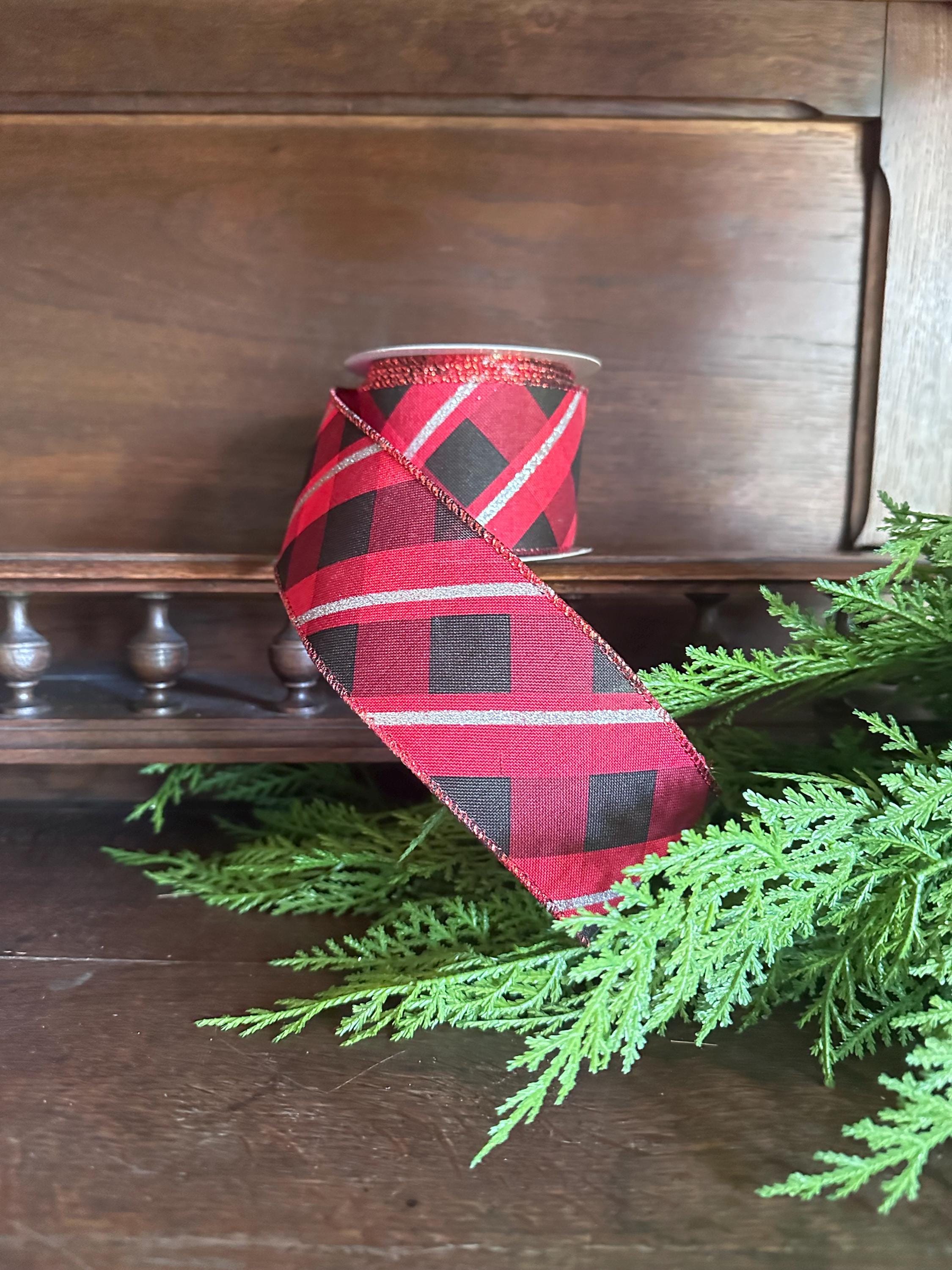Buffalo Plaid Ribbon Metallic Trim for Christmas Wreath Bows, Gift Wrap Accent (10 Yards)