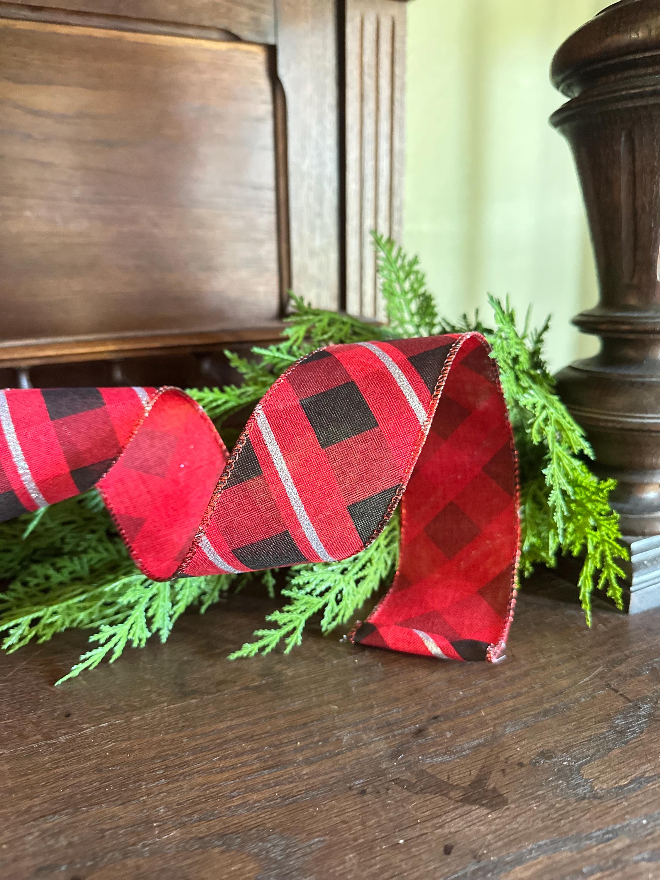 Buffalo Plaid Ribbon Metallic Trim for Christmas Wreath Bows, Gift Wrap Accent (10 Yards)