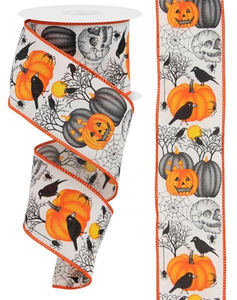 This is a Halloween-themed wired ribbon featuring a spooky pattern of jack-o'-lanterns, black crows, skulls, spiderwebs, and bare trees on a white background with orange trim. The ribbon appears to be suitable for crafting, wreath making, holiday decorations, and gift wrapping. It would be particularly useful for Halloween decor projects, fall season crafts, and autumn-themed arrangements.