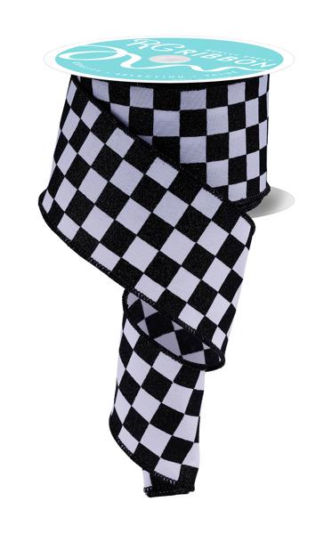 Checkered Wired Ribbon Black White Pattern Premium Craft Supply Racing Theme Design Wreath Making Material Party Accent Glitter Detail Double Wire Edge Shape Control Professional Grade Fabric Construction Perfect Project Essential Creative