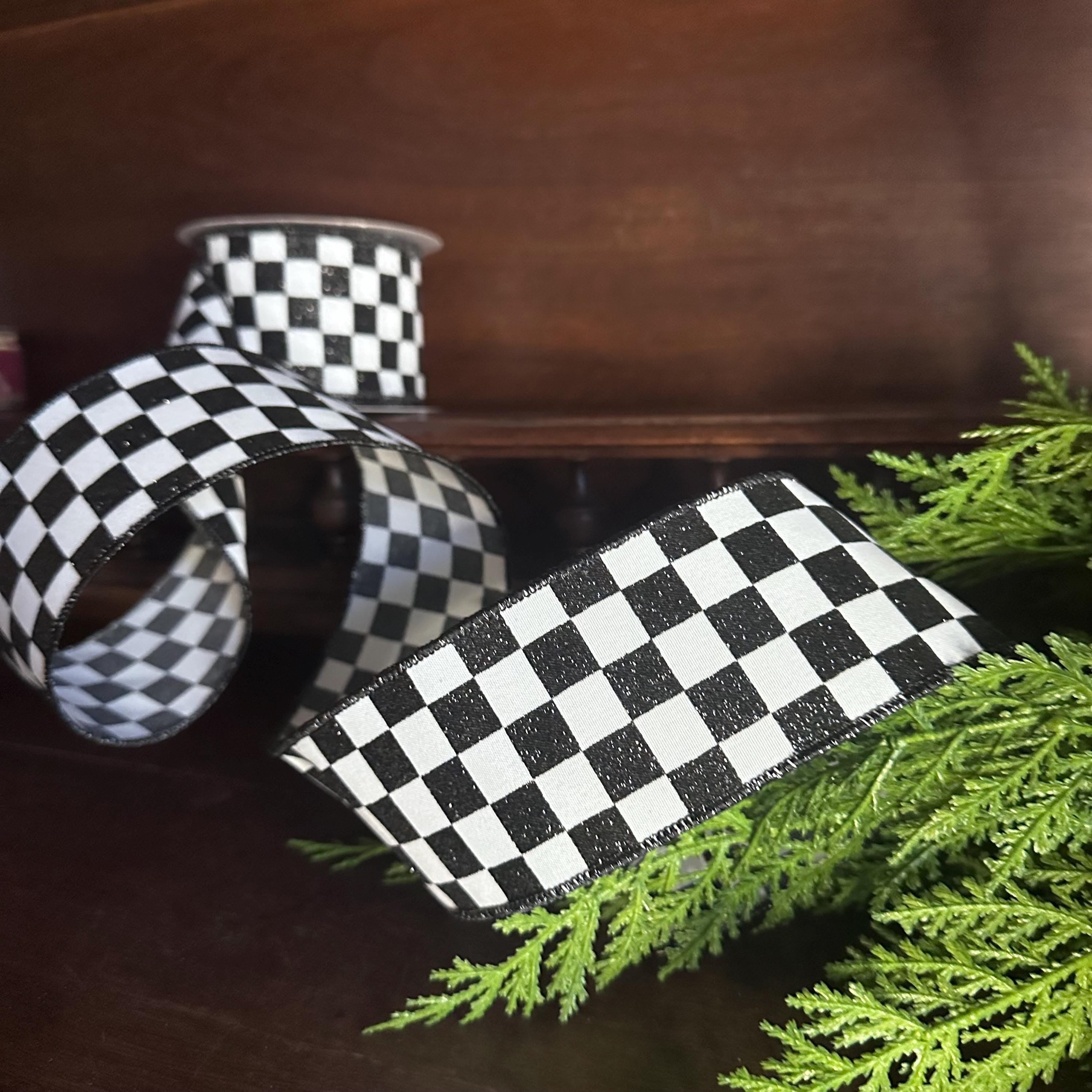 Black White Checkered Ribbon Premium Wired Edge Construction Racing Flag Pattern Design Creative Craft Supply Essential Wreath Making Material Party Planning Accent Professional Grade Quality Glitter Detail Perfect Project Supply Store Find