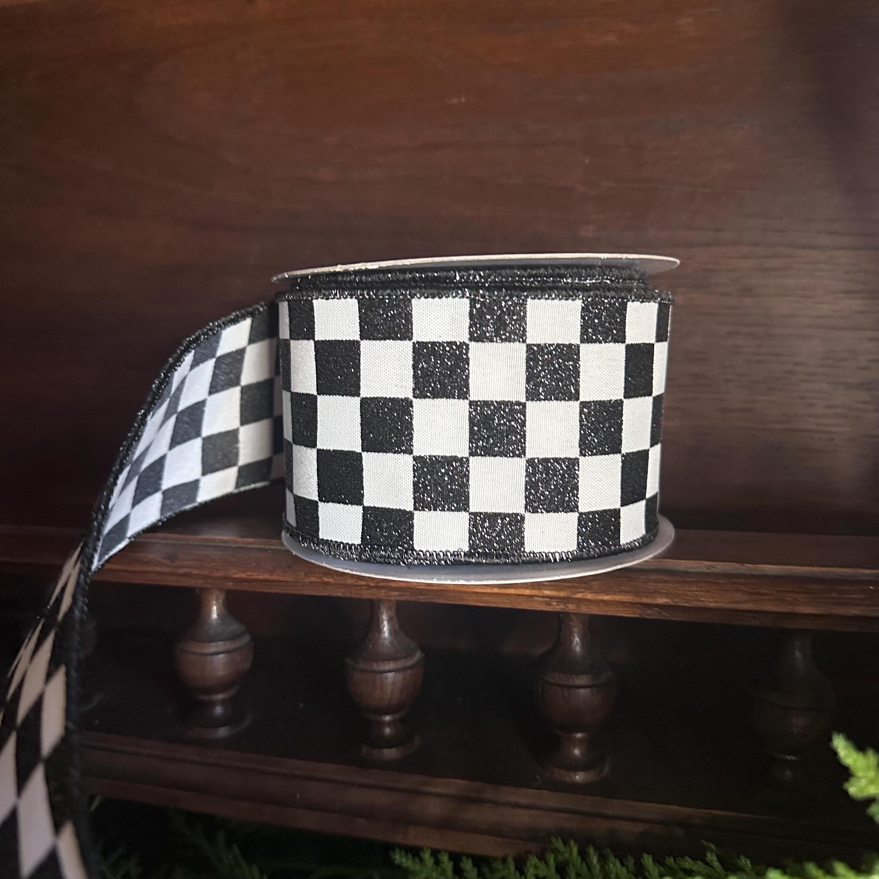 Wired Edge Ribbon Premium Construction Black White Checkered Pattern Racing Theme Design Creative Supply Essential Wreath Making Material Party Planning Professional Grade Quality Glitter Detail Perfect Project Material Store Quality Find