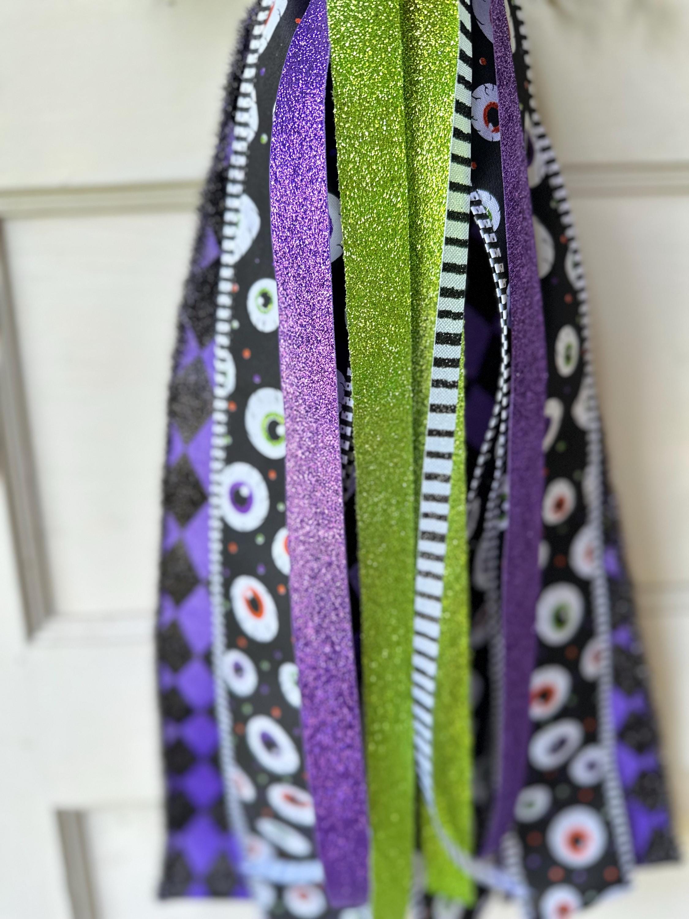 Gothic Style Door Bow Halloween Theme Display Spooky Entrance Accent Mixed Ribbon Collection Purple Black Lime Green Colors Eyeball Pattern Design Harlequin Style Detail Glitter Satin Texture Premium Quality Construction Seasonal Home