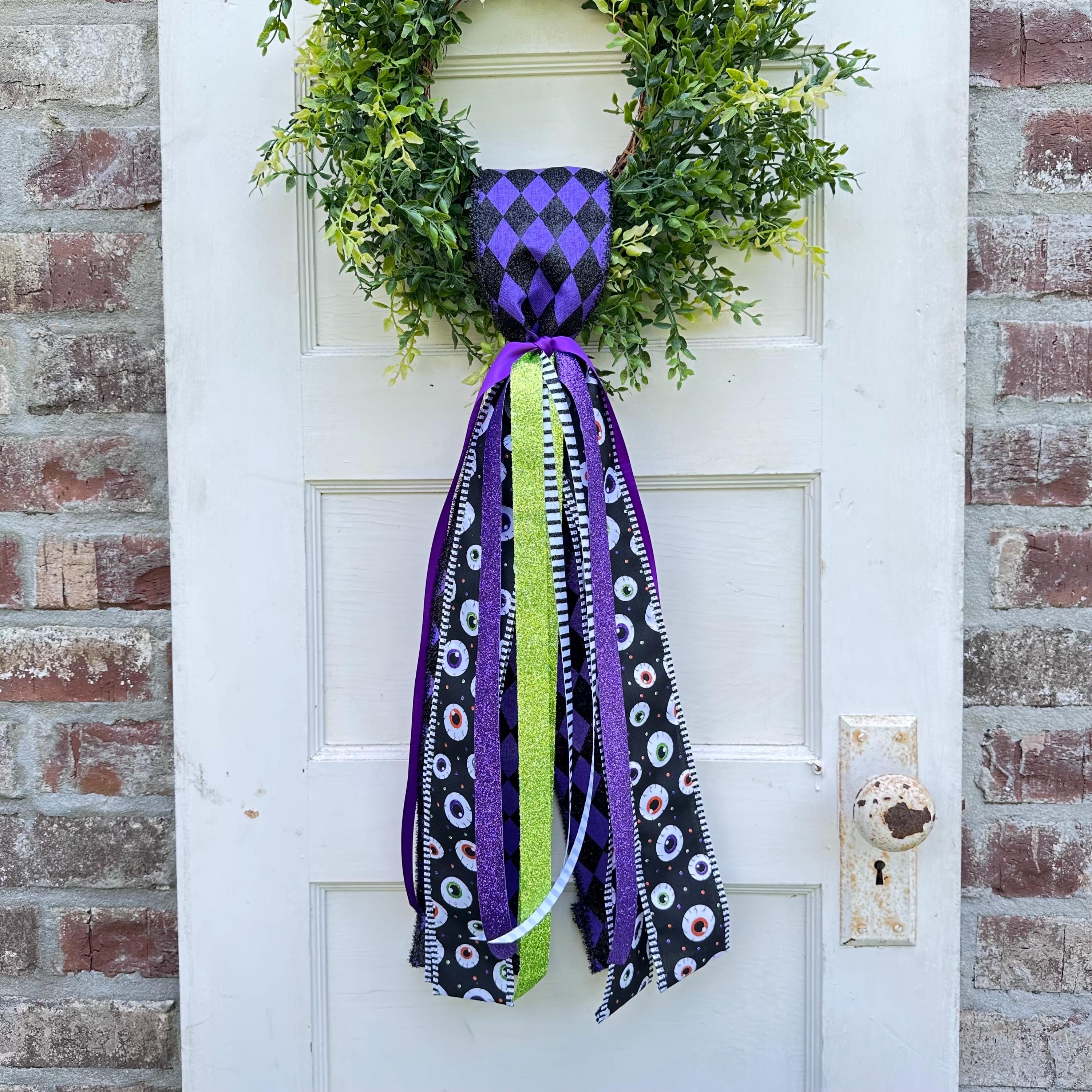 Halloween Door Sash Elegant Ribbon Display Gothic Style Entrance Accent Purple Black Lime Green Design Eyeball Pattern Detail Mixed Texture Bow Collection Glitter Satin Finish Five Inch Wide Twenty Six Inch Long Seasonal Home Entrance