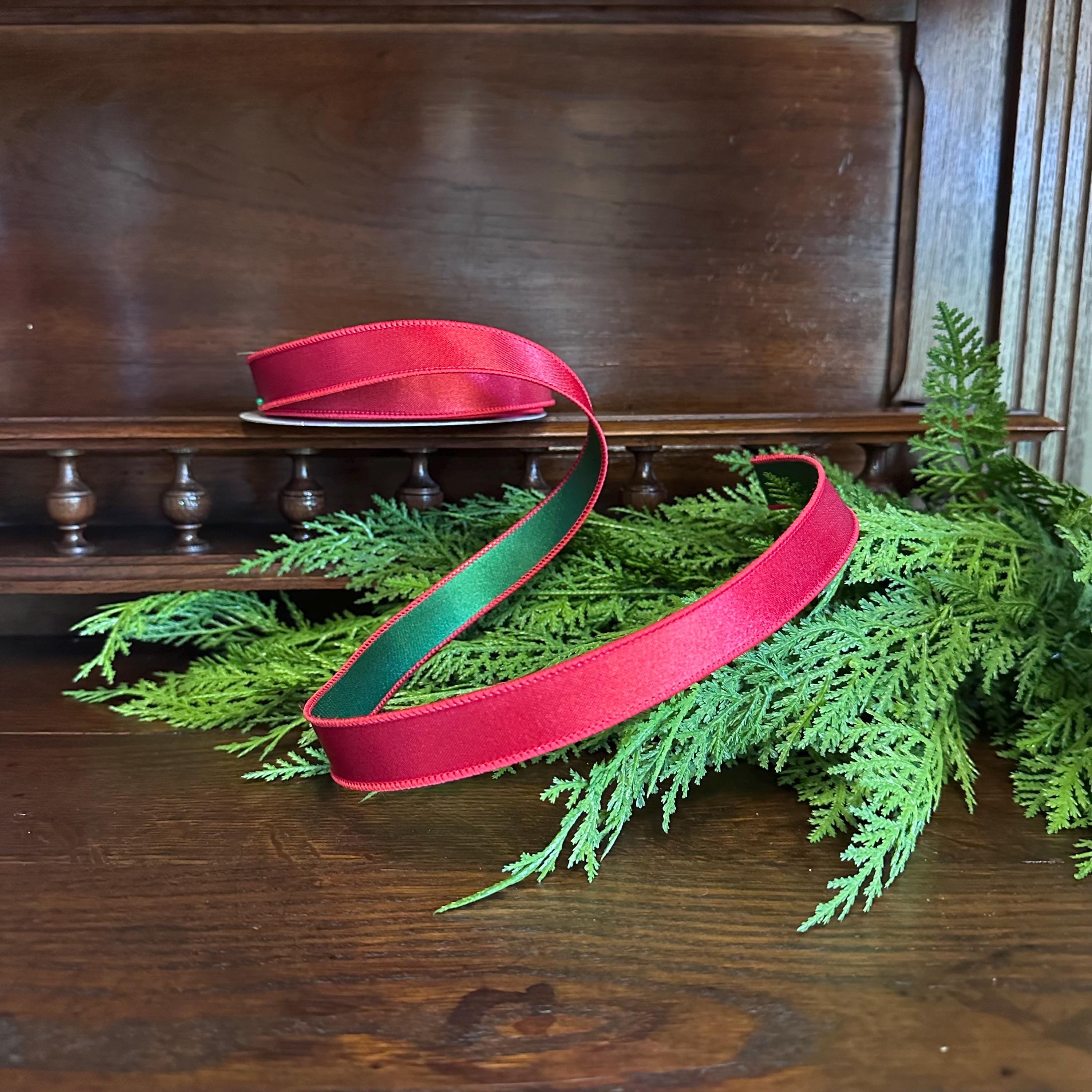 Red and Green Satin Wired Ribbon Designer Holiday Ribbon for Wreaths Gift Wrapping Christmas Decor