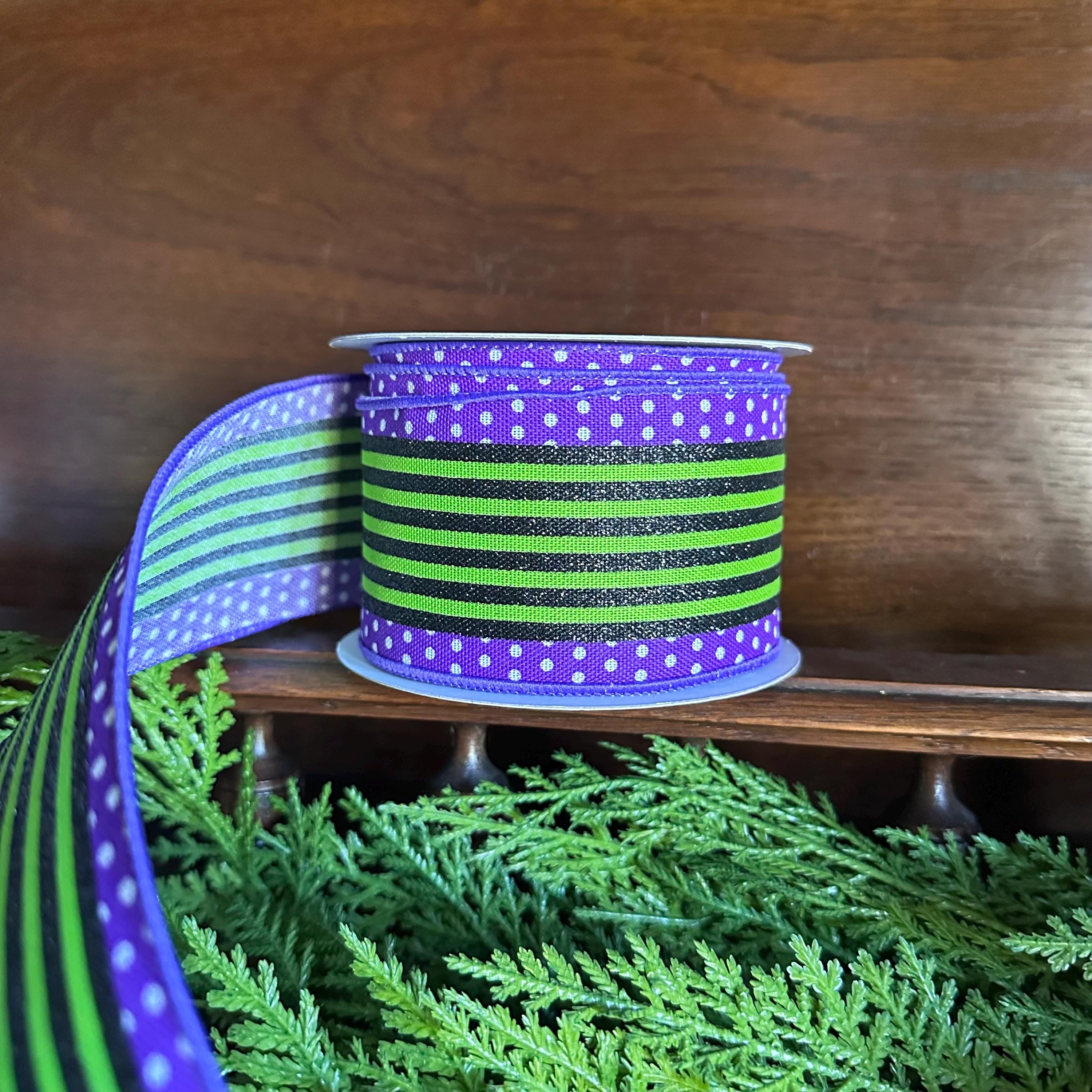 Purple Green Stripe Ribbon Wired Edge Halloween Ribbon Witch Ribbon Wreath Ribbon Bow Making Ribbon 2.5 Inch 10 Yard Roll