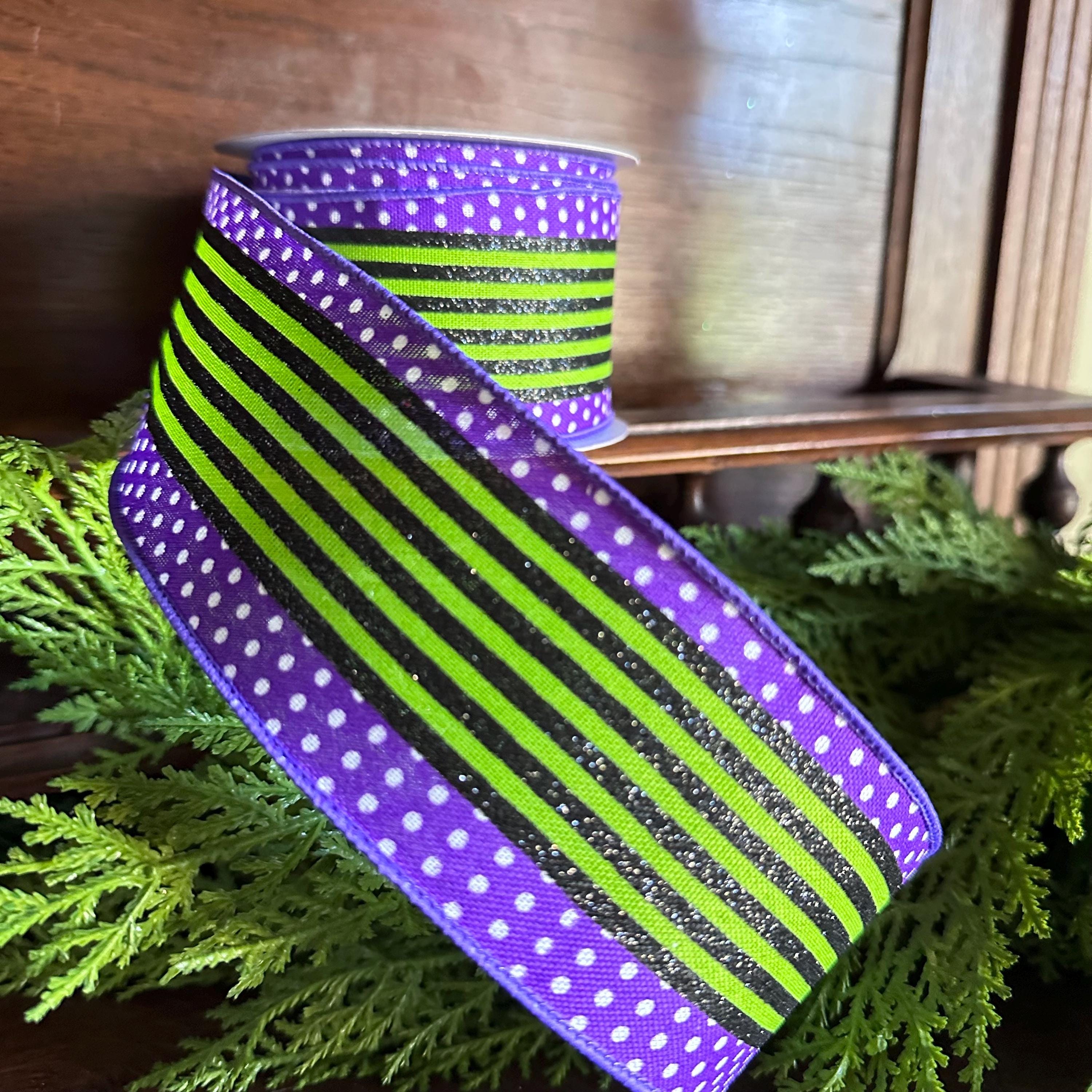 Purple Green Stripe Ribbon Wired Edge Halloween Ribbon Witch Ribbon Wreath Ribbon Bow Making Ribbon 2.5 Inch 10 Yard Roll