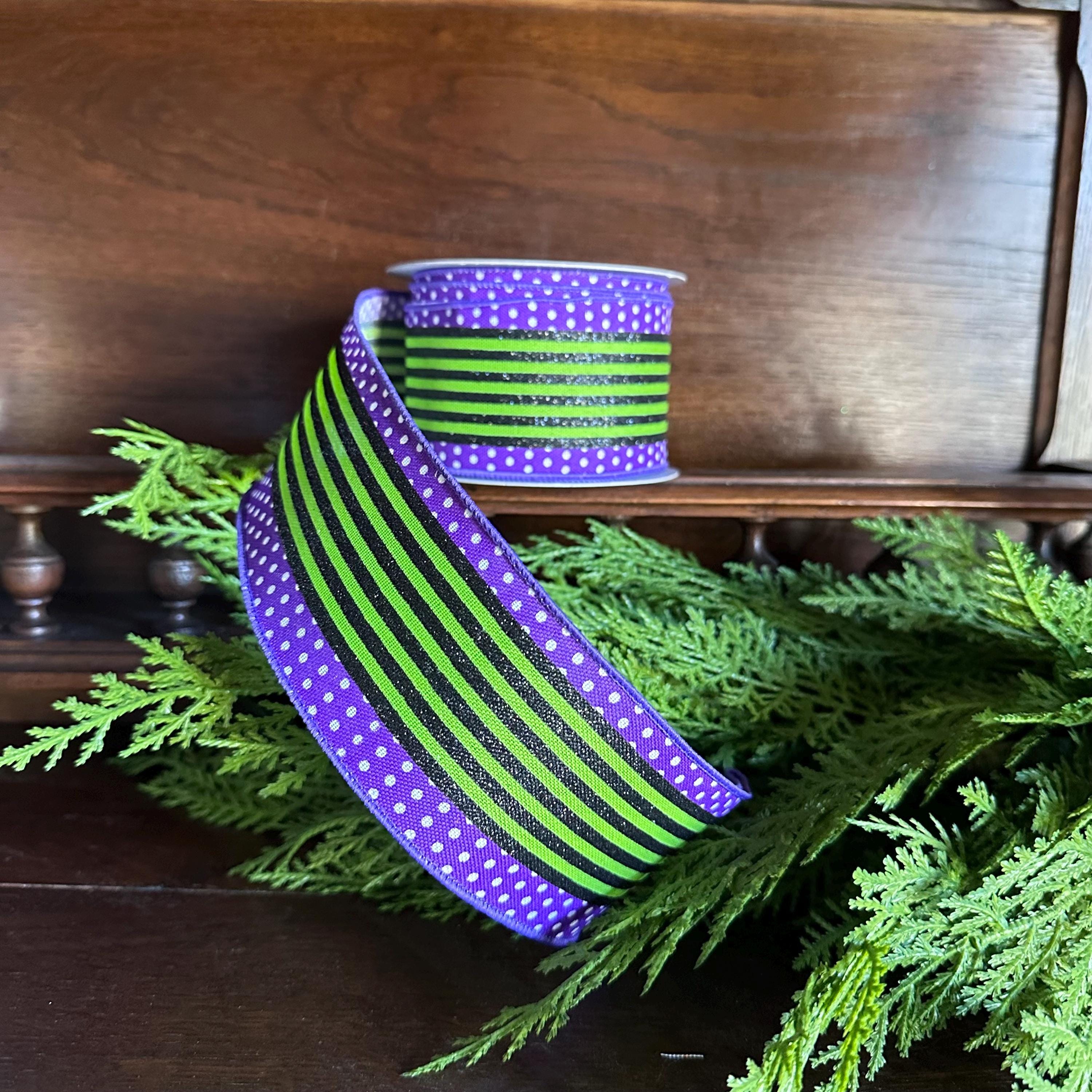 Purple Green Stripe Ribbon Wired Edge Halloween Ribbon Witch Ribbon Wreath Ribbon Bow Making Ribbon 2.5 Inch 10 Yard Roll