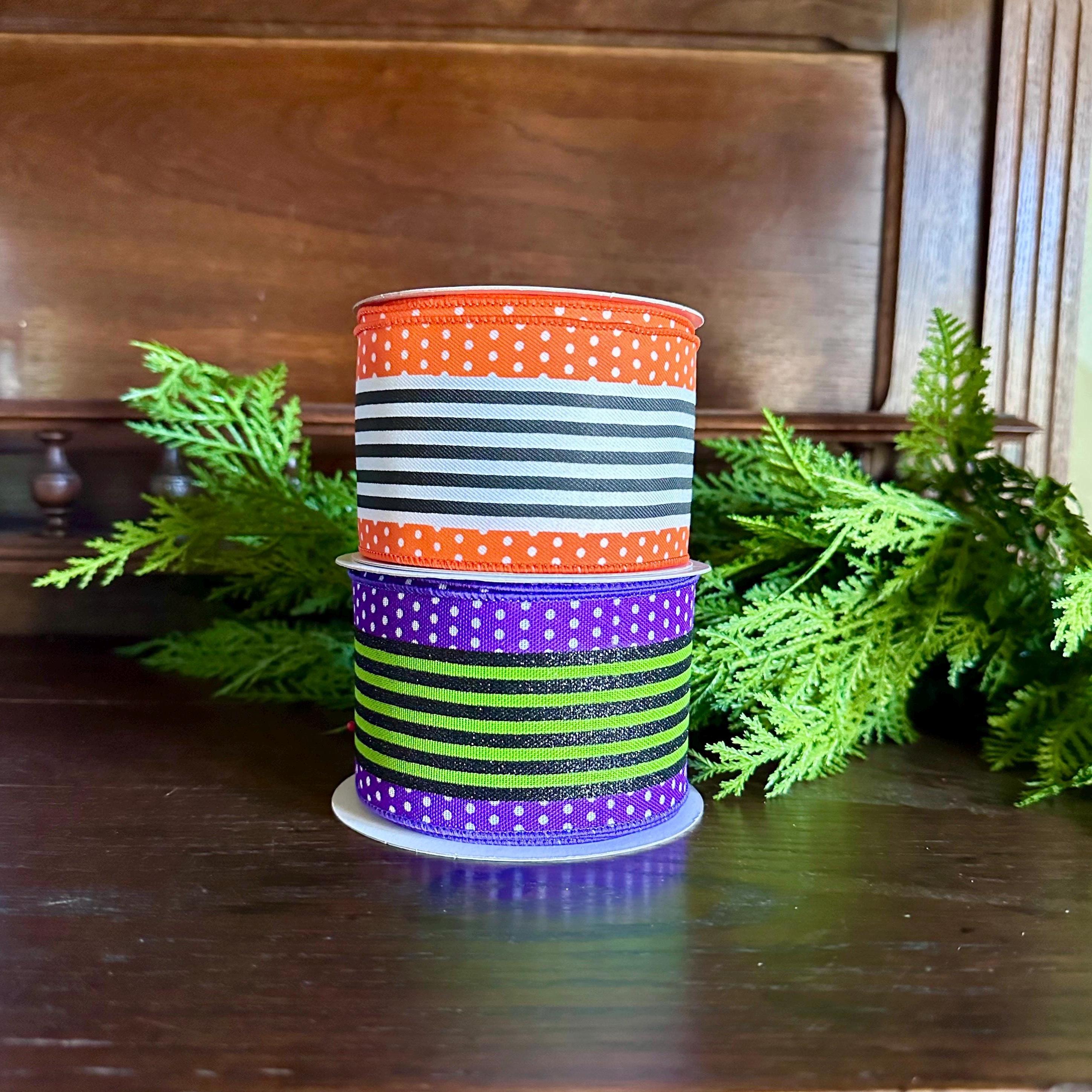 Purple Green Stripe Ribbon Wired Edge Halloween Ribbon Witch Ribbon Wreath Ribbon Bow Making Ribbon 2.5 Inch 10 Yard Roll