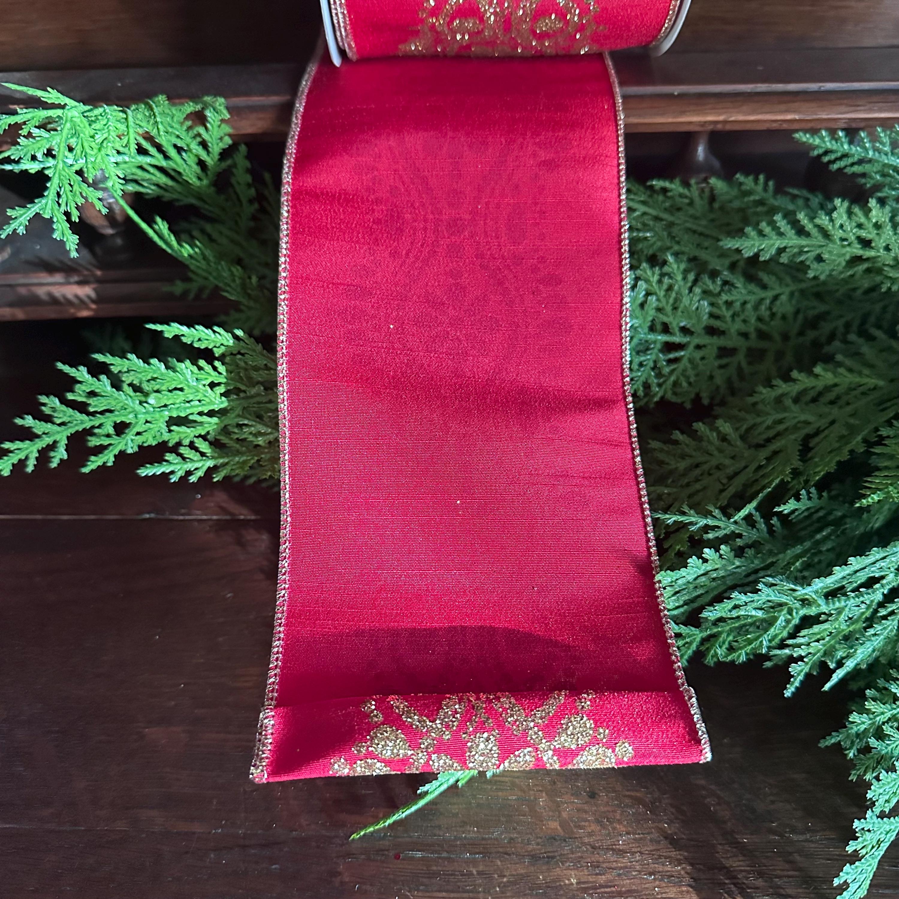 Christmas Wired Ribbon, Red Gold Ribbon, Holiday Ribbon, Designer Ribbon Luxury Ribbon Wreath Ribbon Bow Making Ribbon Wide Ribbon