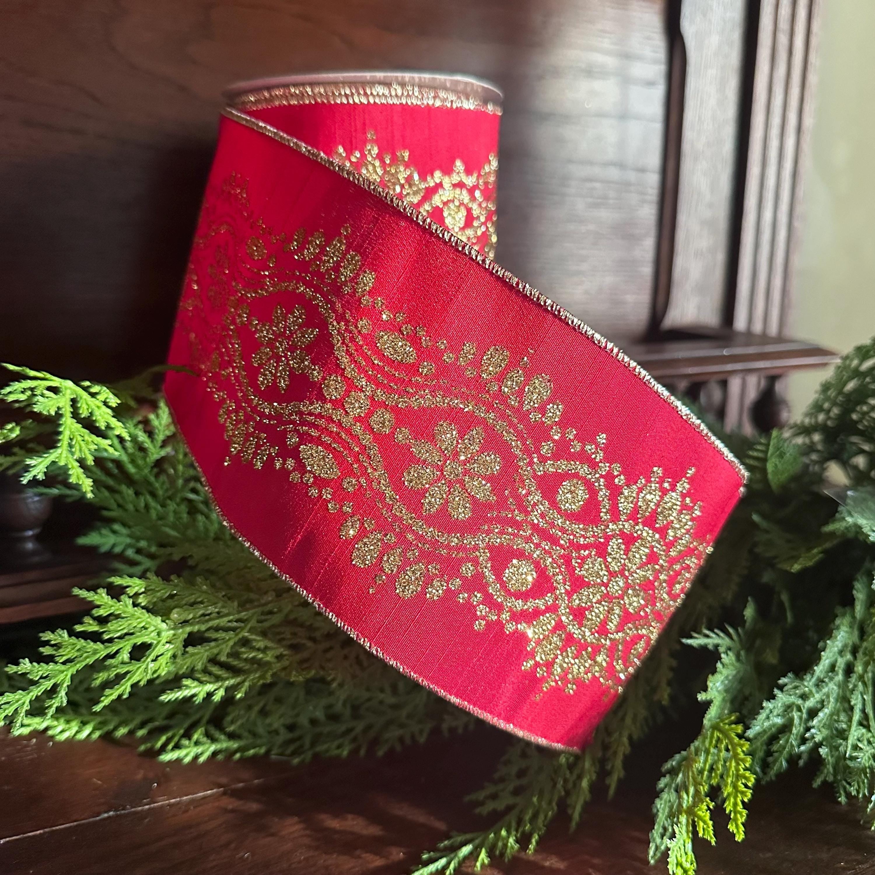Christmas Wired Ribbon, Red Gold Ribbon, Holiday Ribbon, Designer Ribbon Luxury Ribbon Wreath Ribbon Bow Making Ribbon Wide Ribbon