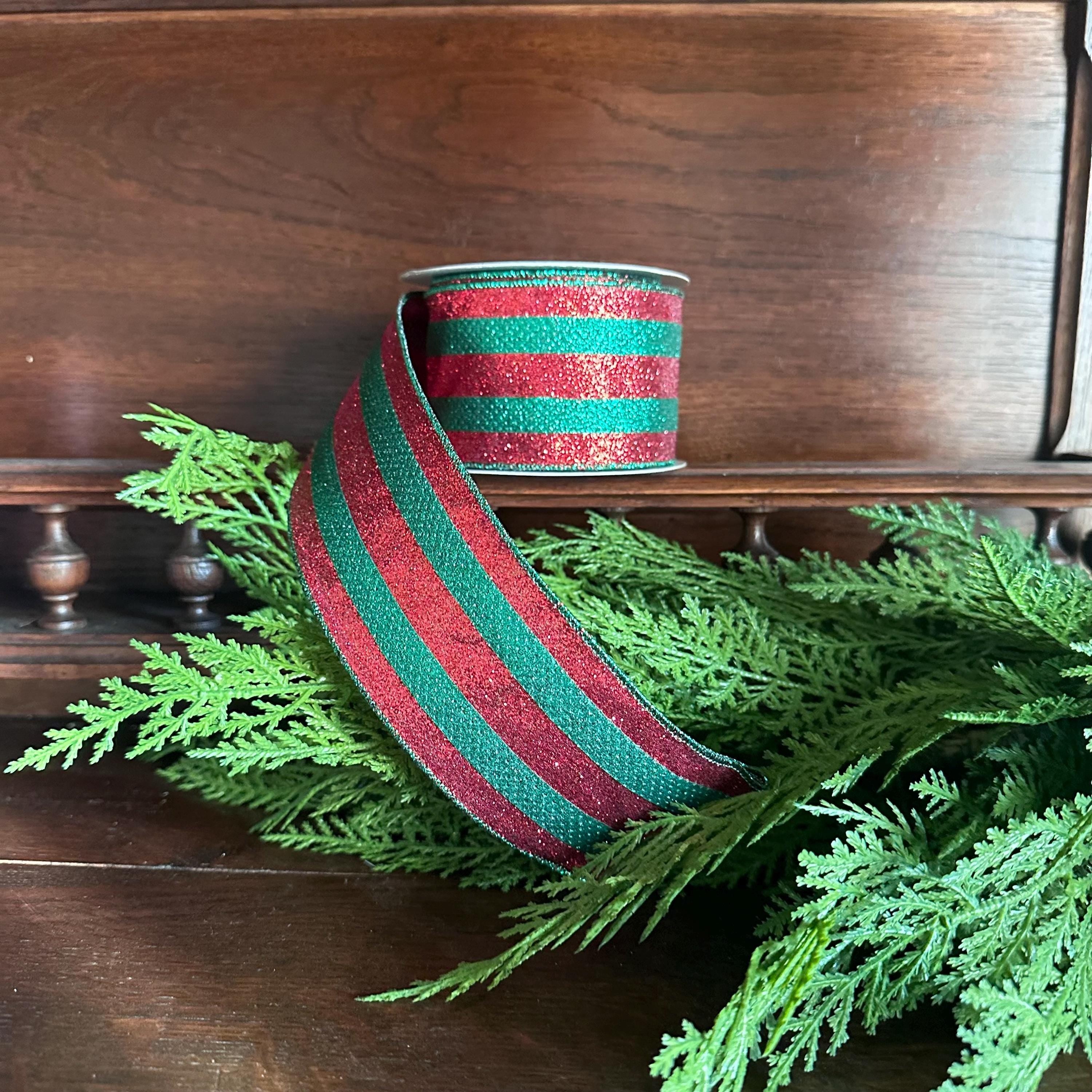 Red and Green Glitter Ribbon Christmas Ribbon Wired Edge Ribbon Wreath Supply Bow Making Ribbon Holiday Decor