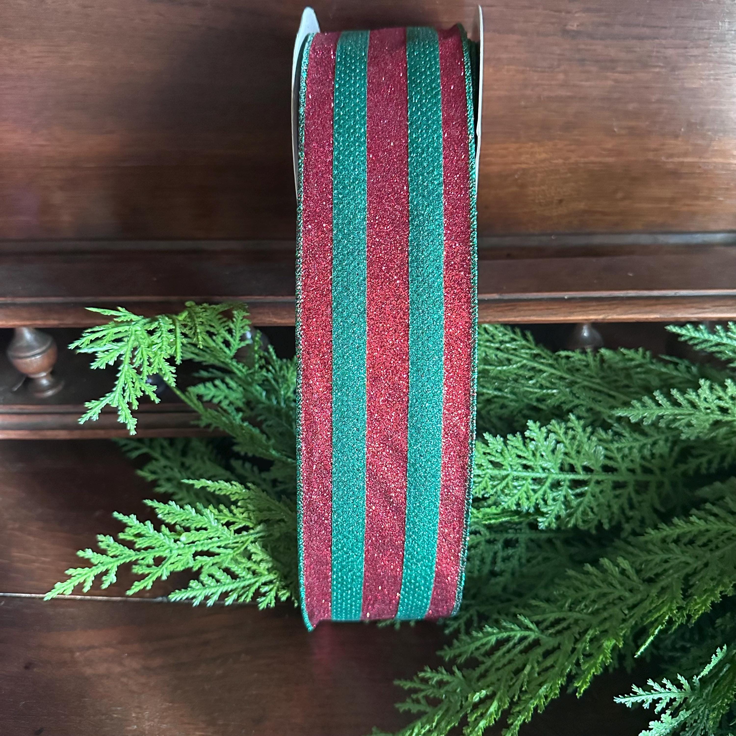 Red and Green Glitter Ribbon Christmas Ribbon Wired Edge Ribbon Wreath Supply Bow Making Ribbon Holiday Decor