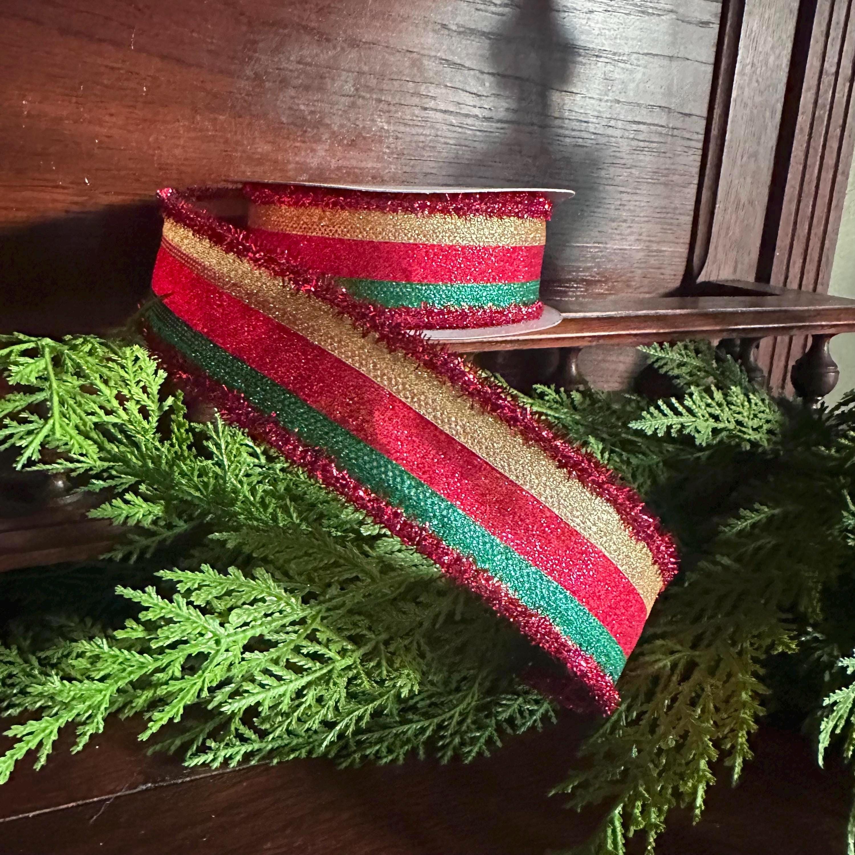 Christmas Wired Ribbon, Red Green Glitter Stripe Ribbon, Holiday Ribbon, Bow Making Ribbon, Designer Ribbon, Christmas Decor
