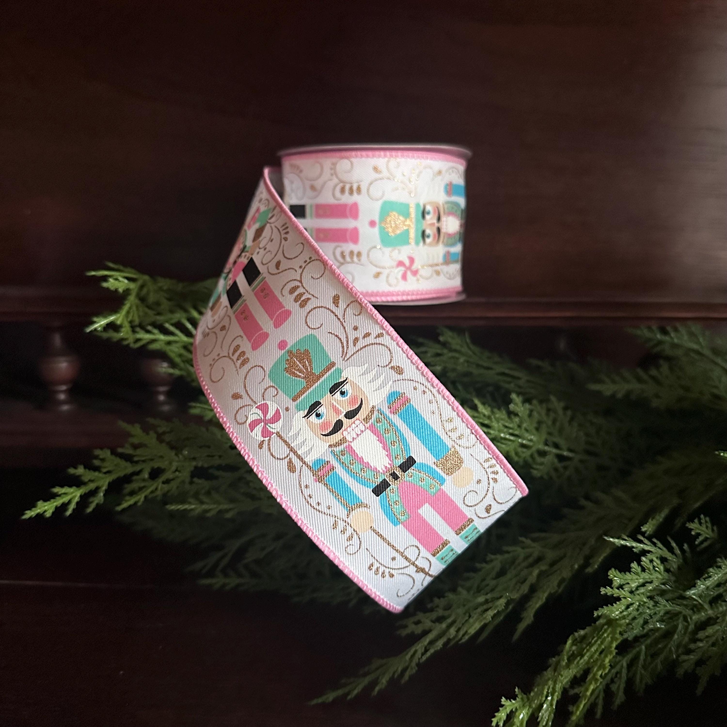 Nutcracker Wired Ribbon Christmas Decoration Craft Supply for Wreath Making Material Holiday Craft Project Accessory Gift Wrap Bow Maker