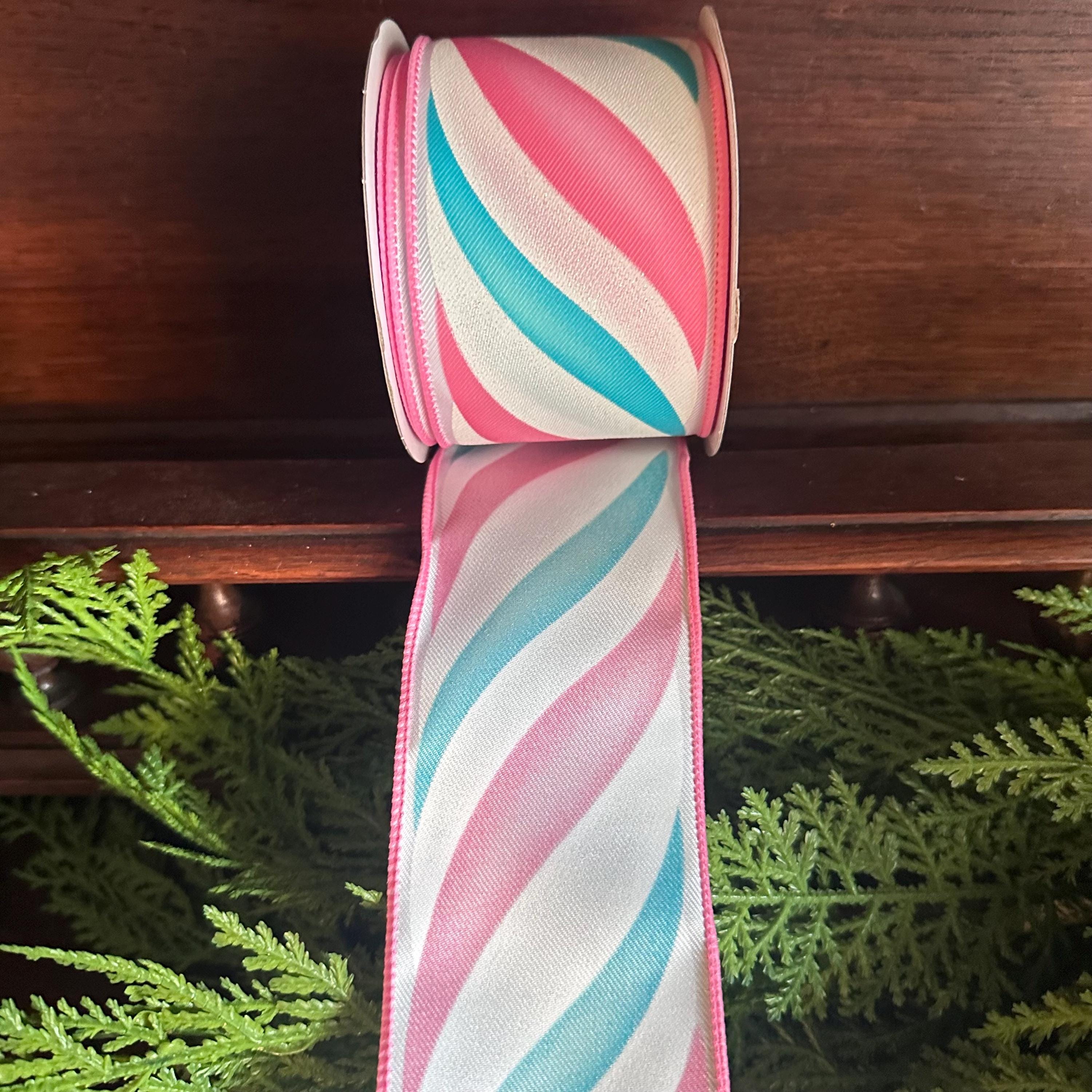 Christmas Wired Ribbon, Pink Mint Swirl Ribbon, Designer Ribbon, Holiday Ribbon, Bow Making Ribbon, Wide Ribbon, Christmas Decor