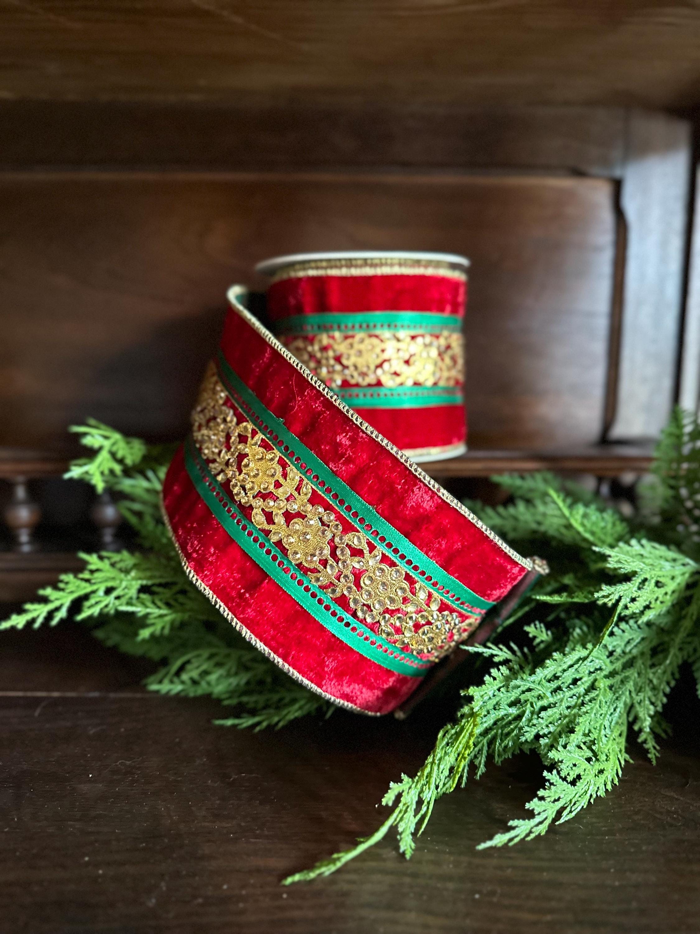 4 Inch Red Green Gold Velvet Christmas Ribbon Wired Ribbon