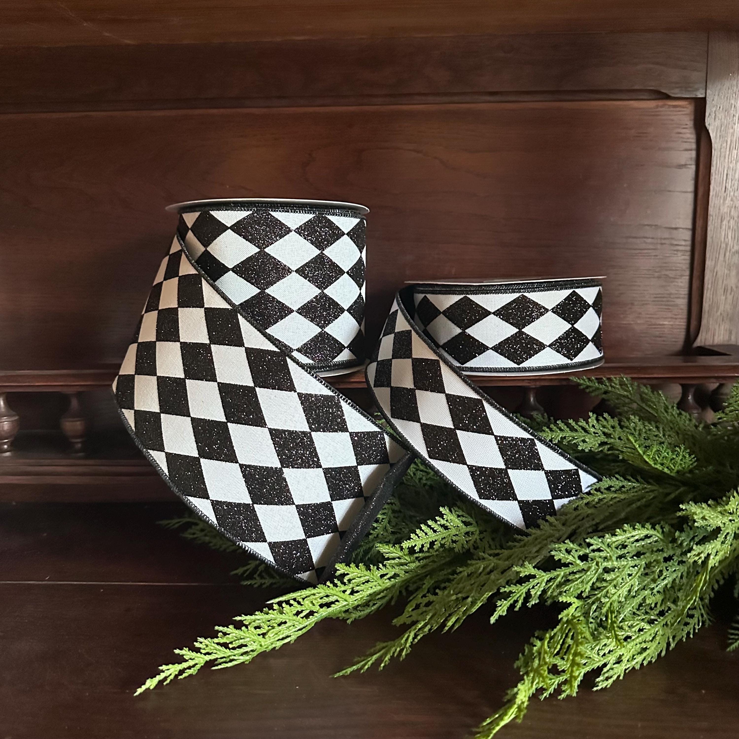 Christmas Ribbon Harlequin Wired Ribbon Black White Ribbon Wreath Ribbon Bow Making Ribbon Holiday Decor Gift Wrap Ribbon Designer Ribbon