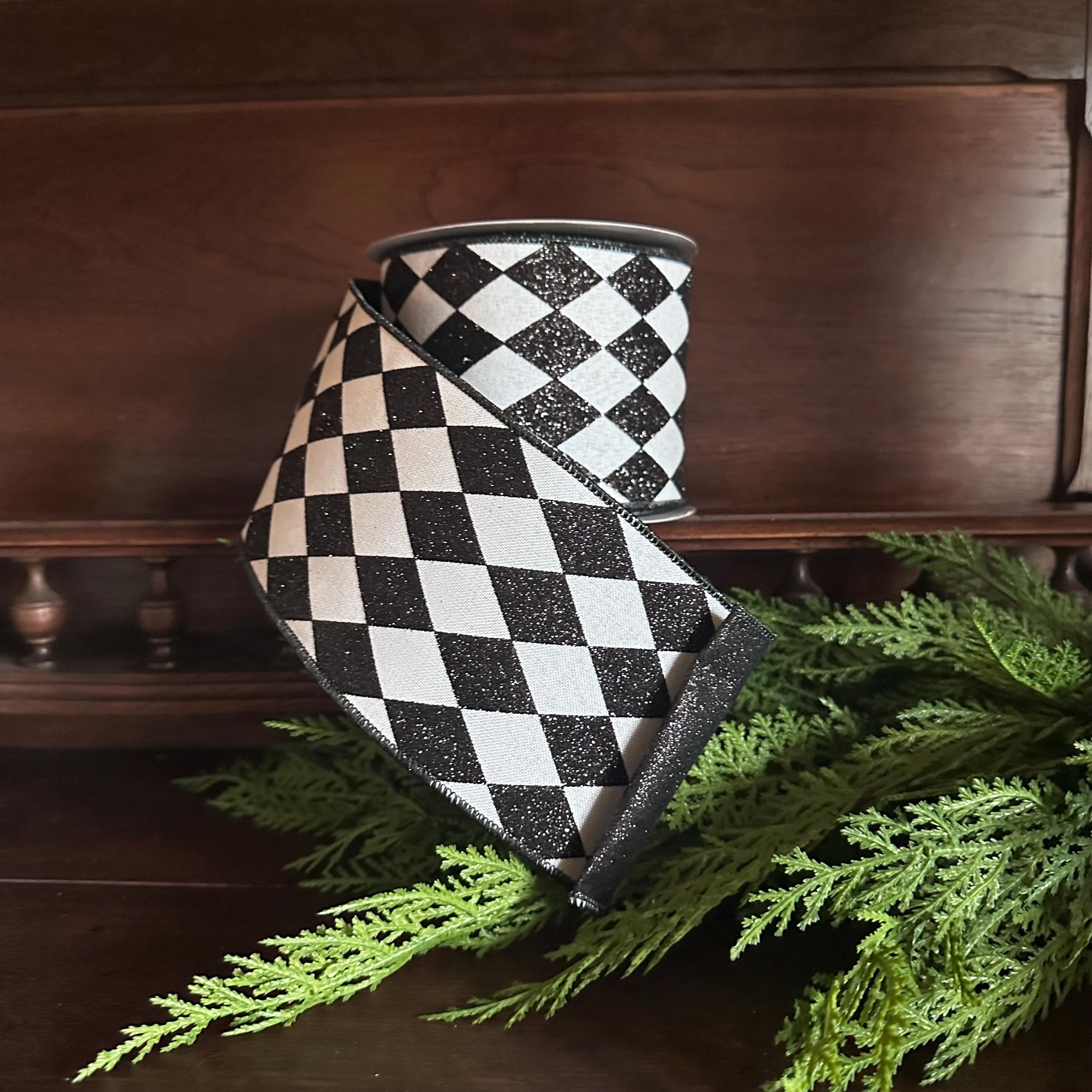 Christmas Ribbon Harlequin Wired Ribbon Black White Ribbon Wreath Ribbon Bow Making Ribbon Holiday Decor Gift Wrap Ribbon Designer Ribbon