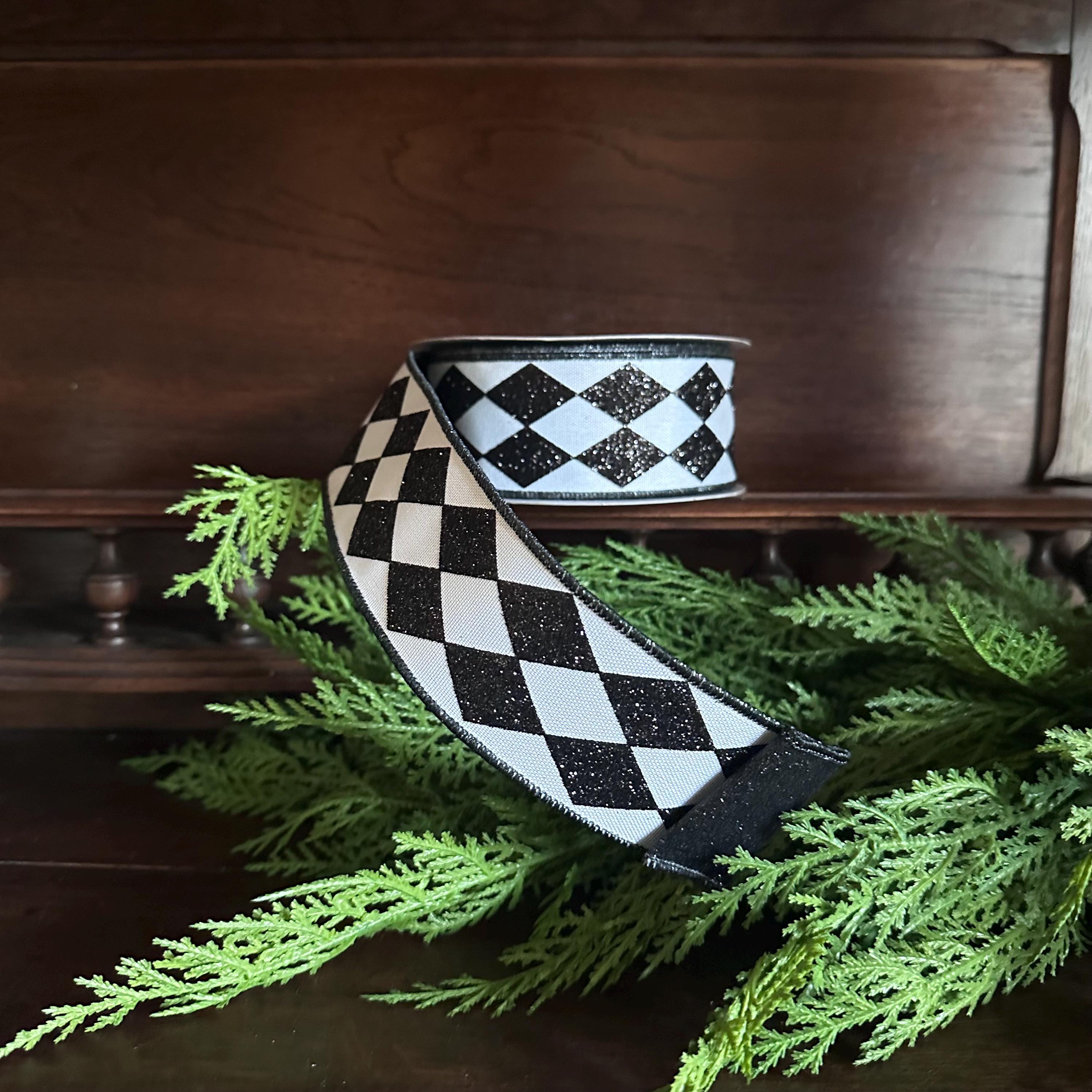 Christmas Ribbon Harlequin Wired Ribbon Black White Ribbon Wreath Ribbon Bow Making Ribbon Holiday Decor Gift Wrap Ribbon Designer Ribbon