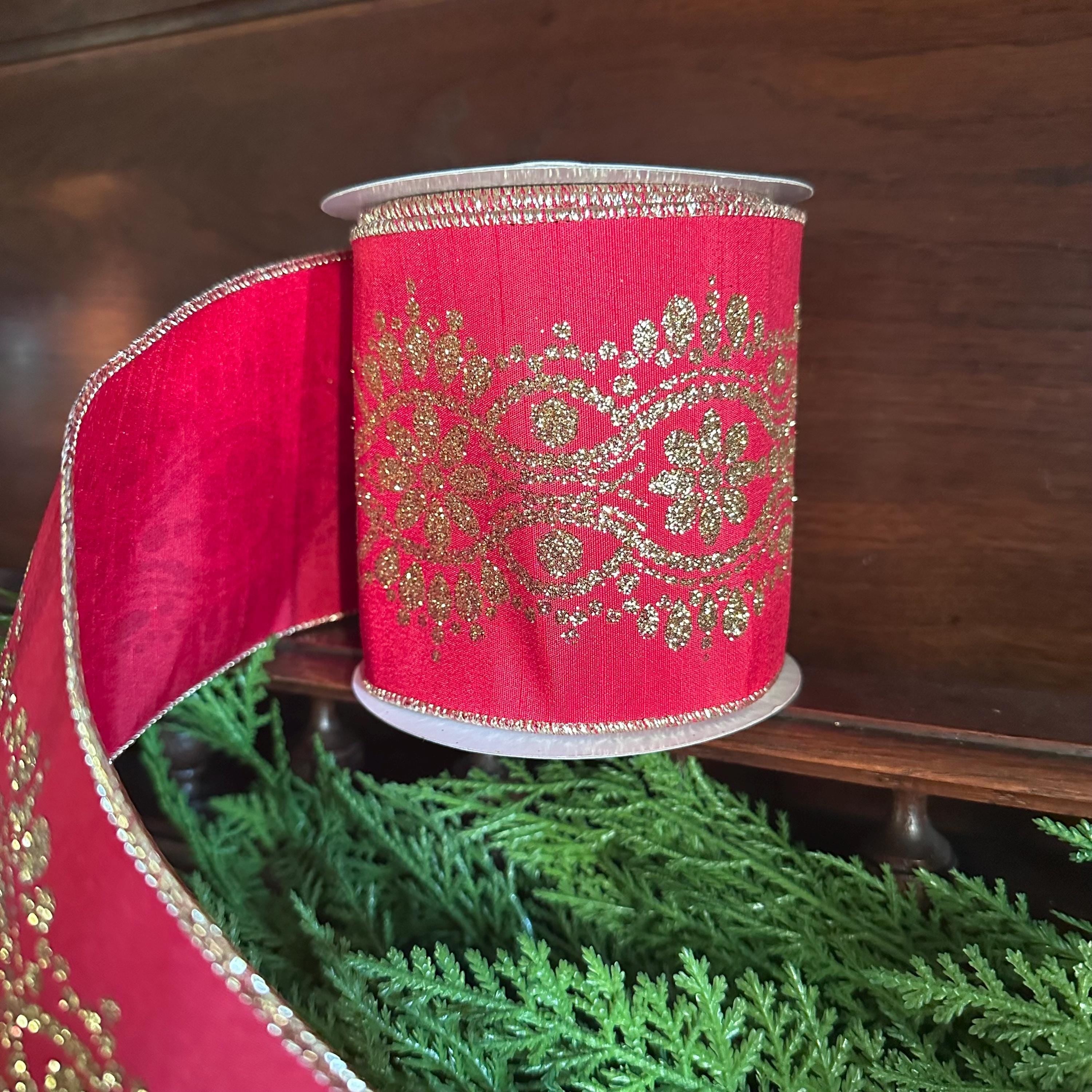 Christmas Wired Ribbon, Red Gold Ribbon, Holiday Ribbon, Designer Ribbon Luxury Ribbon Wreath Ribbon Bow Making Ribbon Wide Ribbon