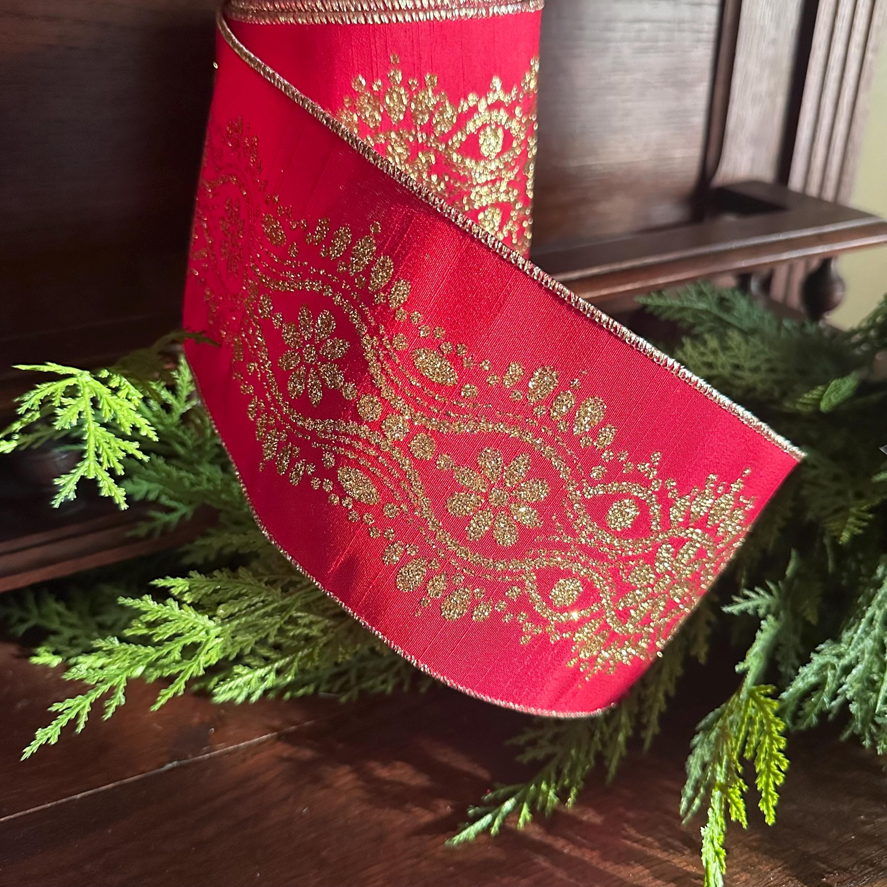 Christmas Wired Ribbon, Red Gold Ribbon, Holiday Ribbon, Designer Ribbon Luxury Ribbon Wreath Ribbon Bow Making Ribbon Wide Ribbon