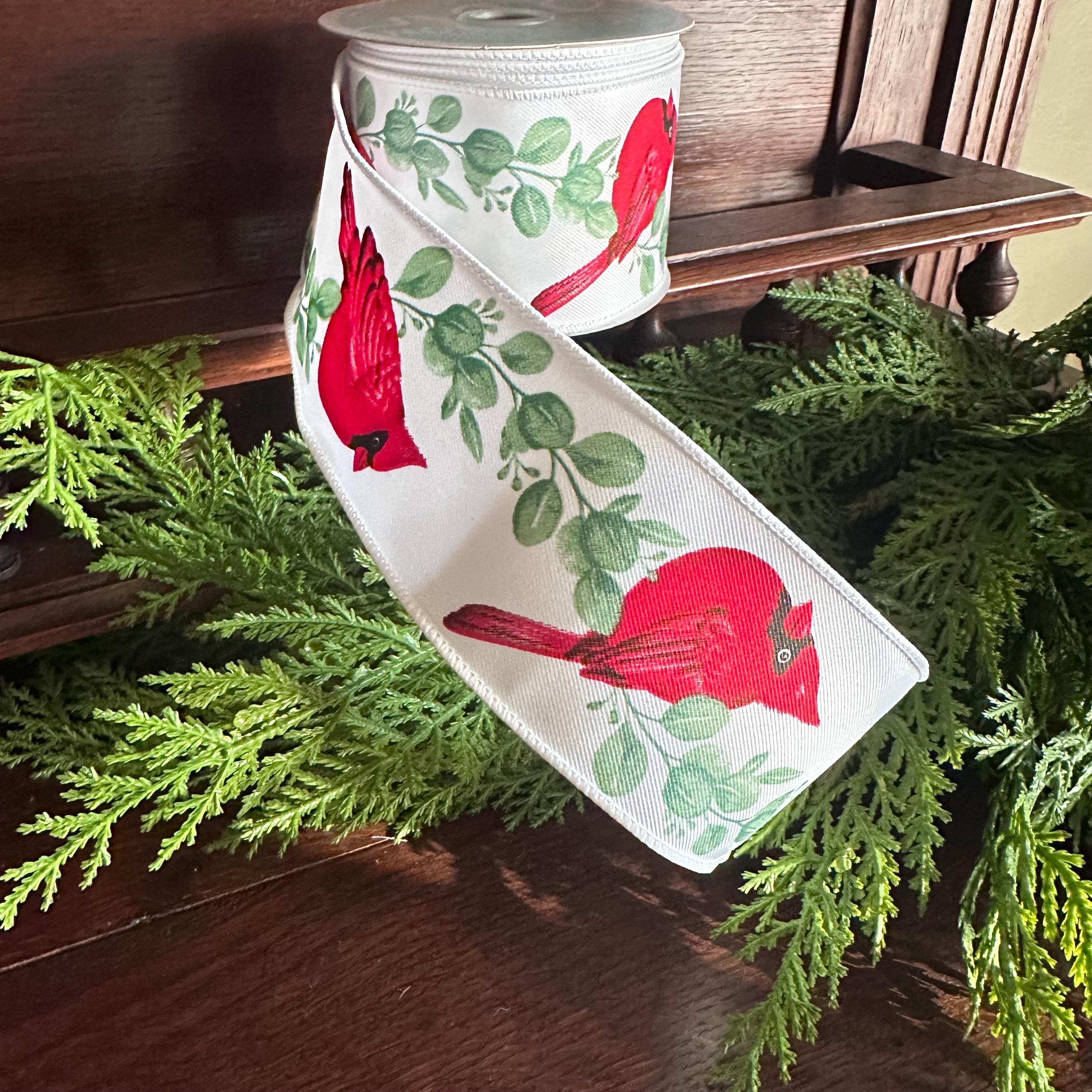 Cardinal Wired Ribbon Red Cardinal Christmas Ribbon Holiday Wreath Ribbon Christmas Tree Bow Ribbon Floral Craft Supply