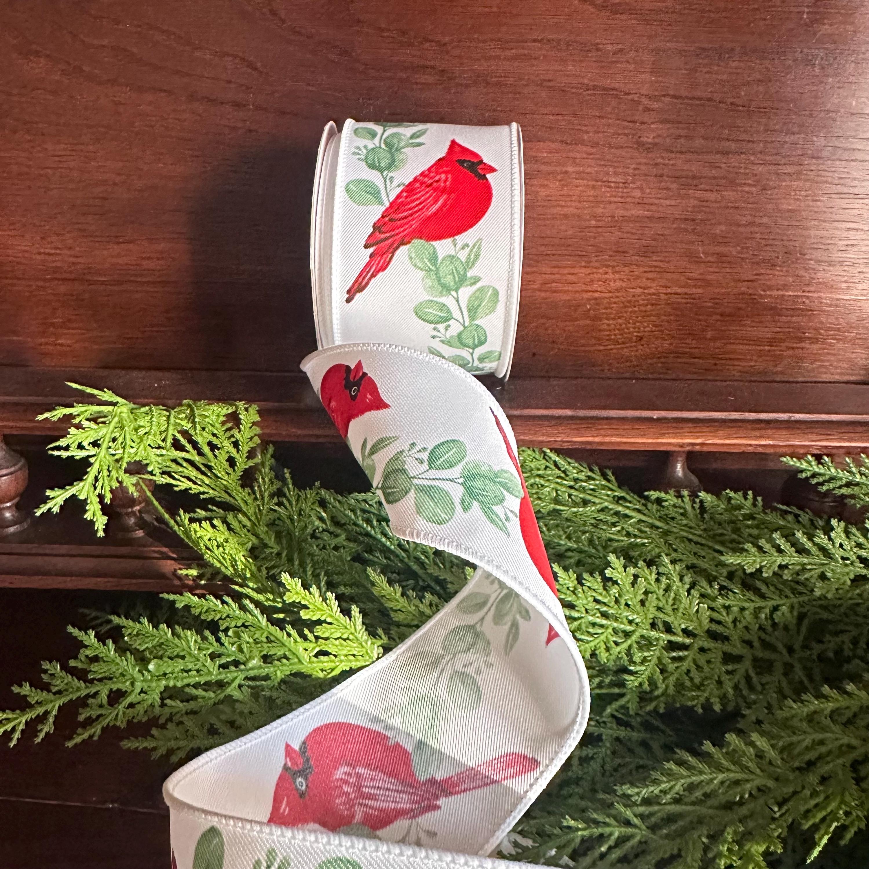 Cardinal Wired Ribbon Red Cardinal Christmas Ribbon Holiday Wreath Ribbon Christmas Tree Bow Ribbon Floral Craft Supply