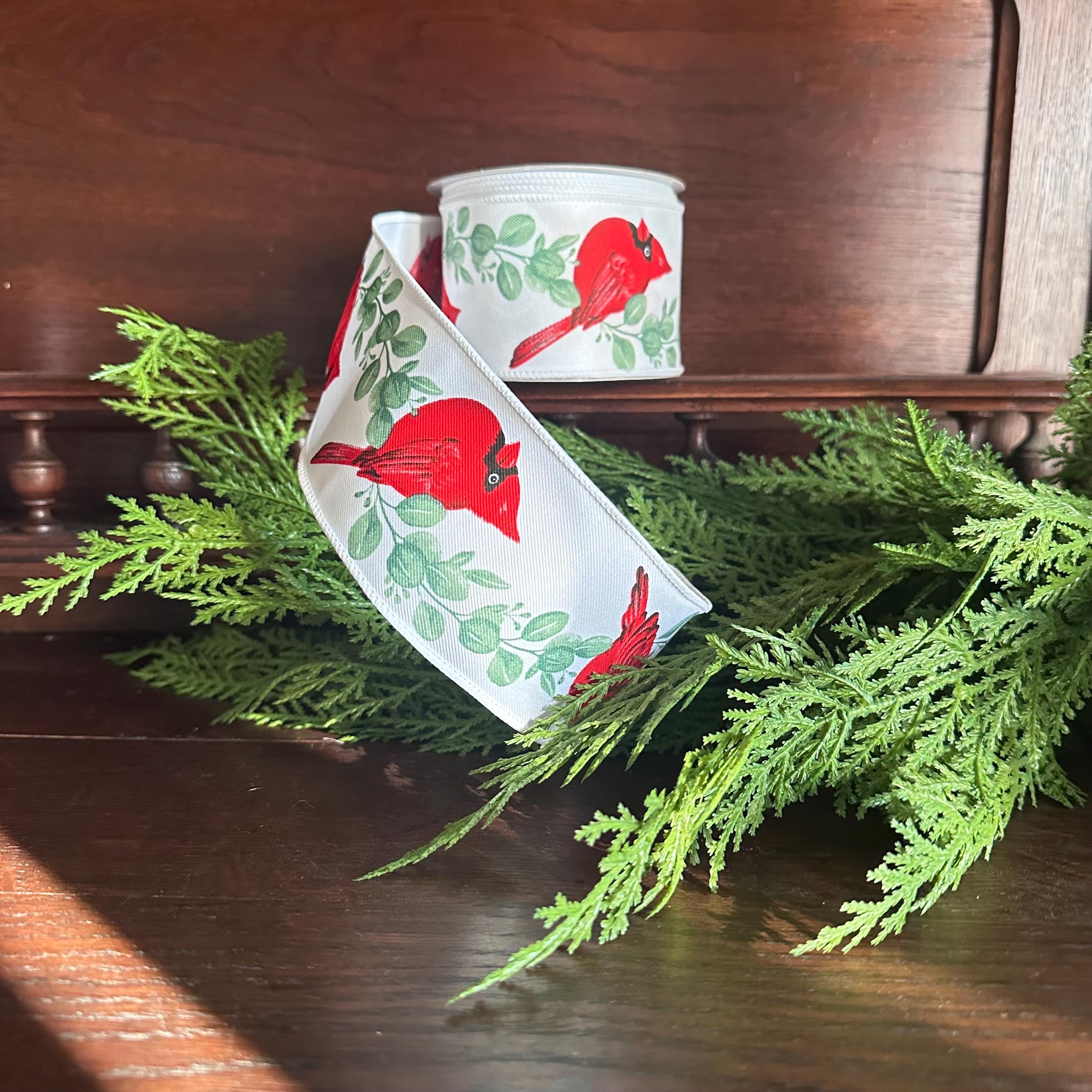 Cardinal Wired Ribbon Red Cardinal Christmas Ribbon Holiday Wreath Ribbon Christmas Tree Bow Ribbon Floral Craft Supply