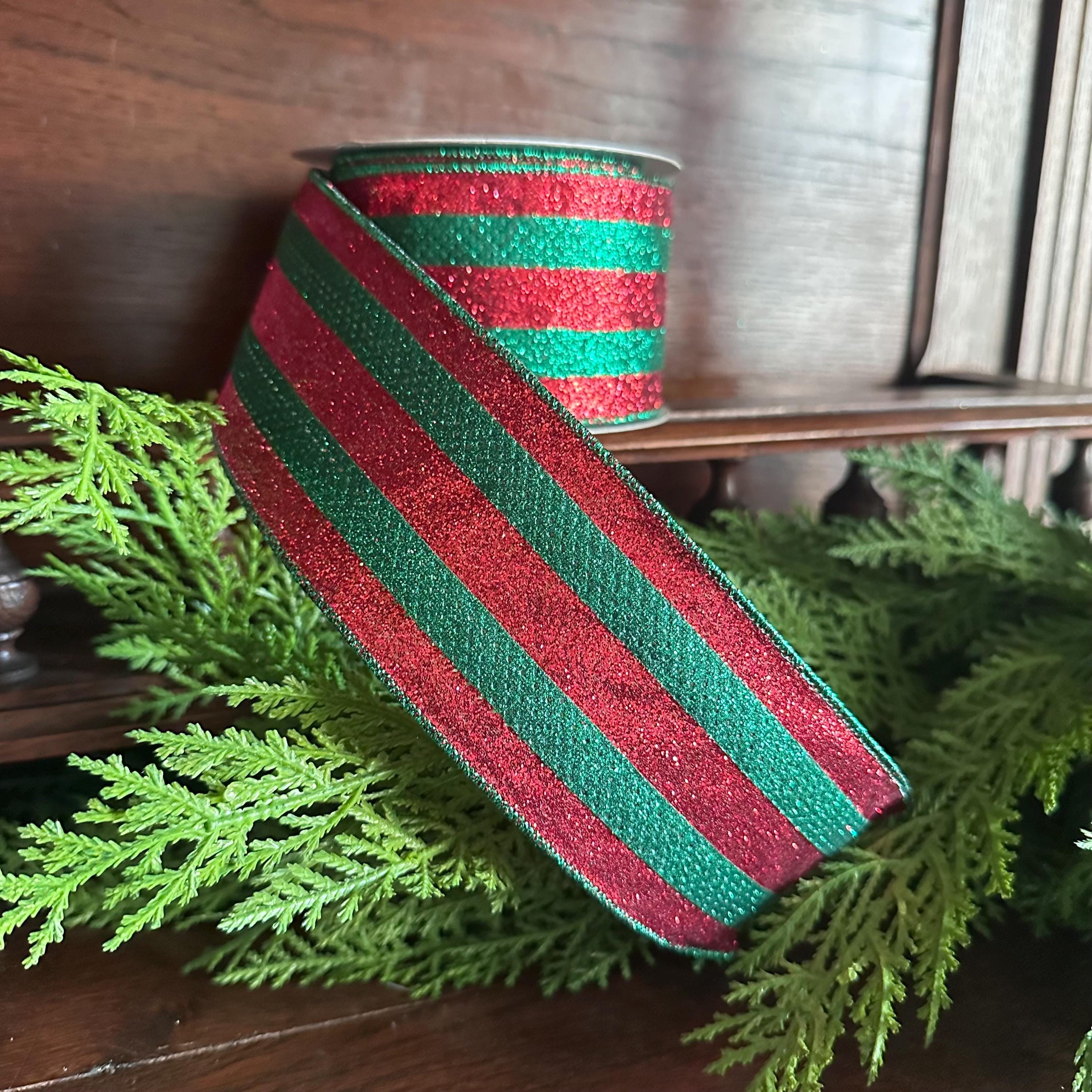 Red and Green Glitter Ribbon Christmas Ribbon Wired Edge Ribbon Wreath Supply Bow Making Ribbon Holiday Decor