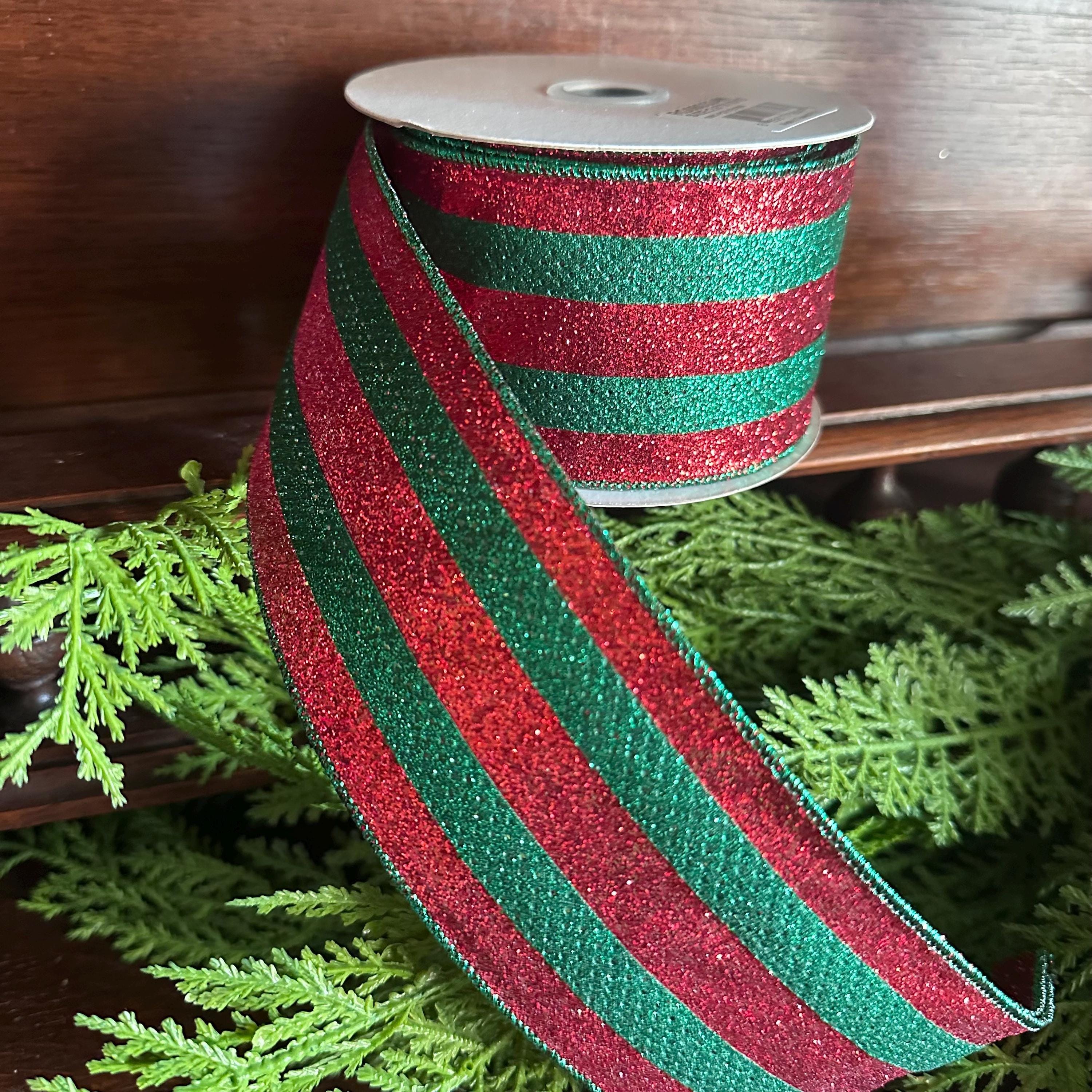 Red and Green Glitter Ribbon Christmas Ribbon Wired Edge Ribbon Wreath Supply Bow Making Ribbon Holiday Decor
