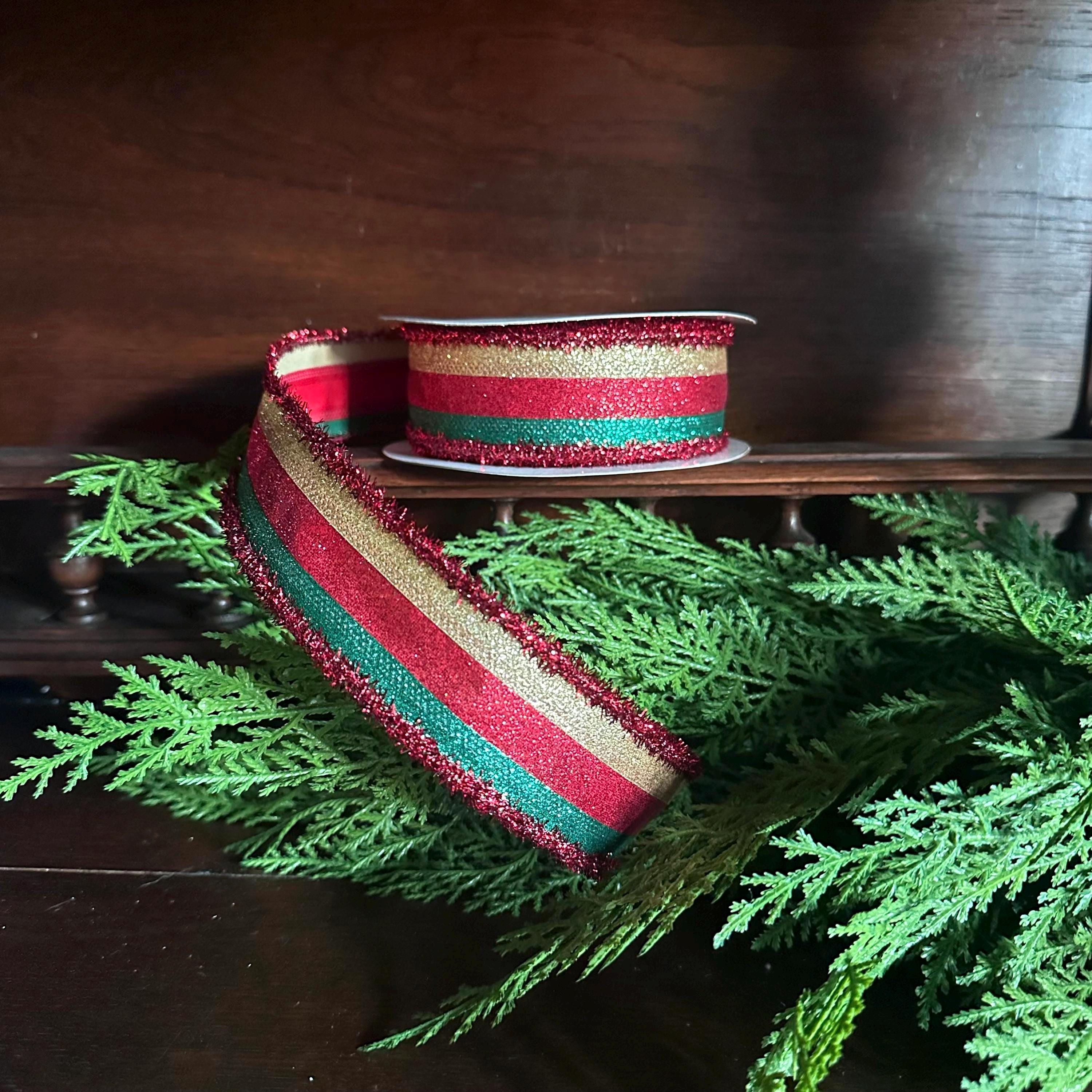 Christmas Wired Ribbon, Red Green Glitter Stripe Ribbon, Holiday Ribbon, Bow Making Ribbon, Designer Ribbon, Christmas Decor