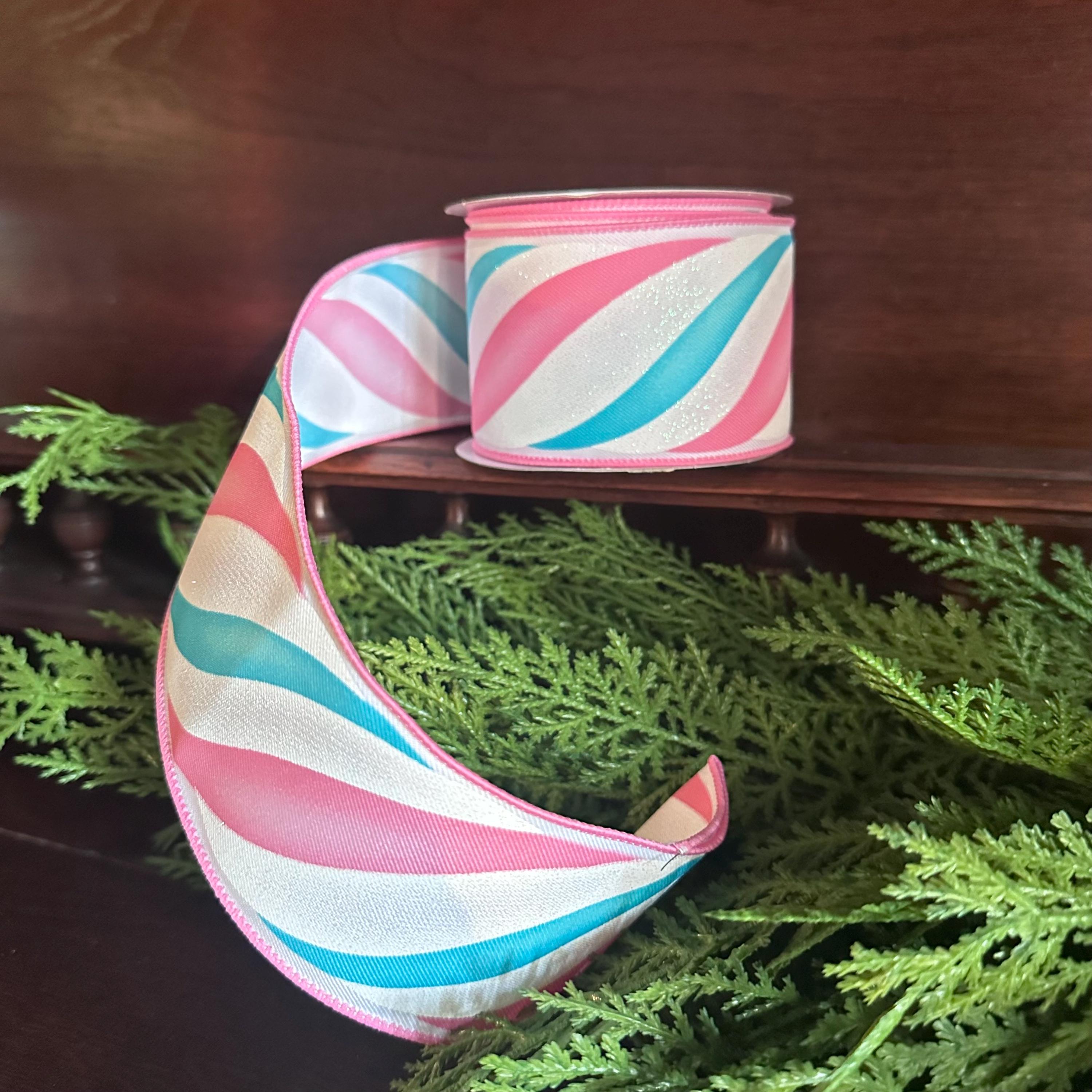 Christmas Wired Ribbon, Pink Mint Swirl Ribbon, Designer Ribbon, Holiday Ribbon, Bow Making Ribbon, Wide Ribbon, Christmas Decor