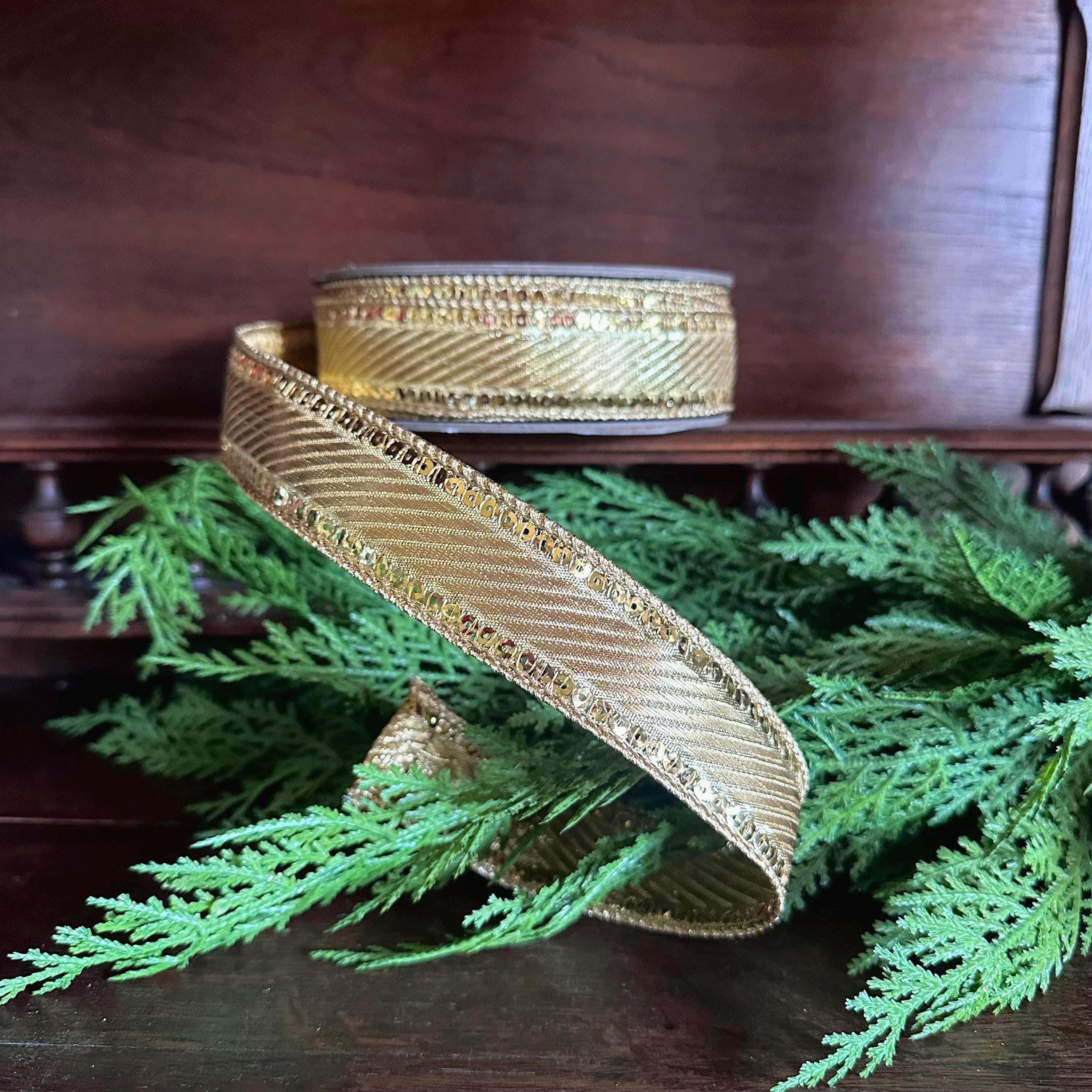 Gold Metallic Ribbon Craft Supply for Christmas Ribbon Wire Edge Sequin Trim Holiday Wreath Making Material Gift Wrap Party Accent