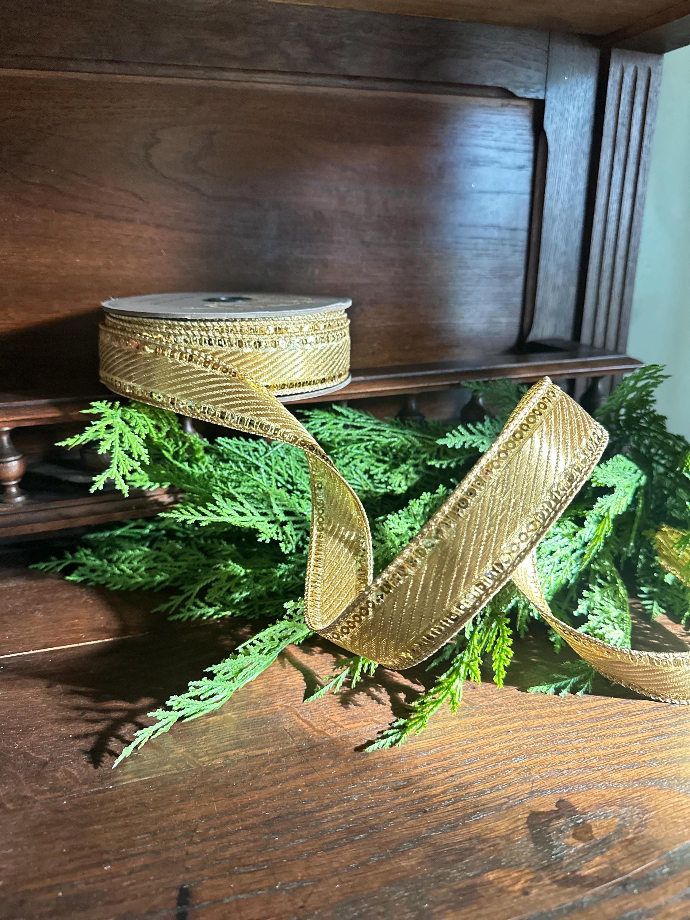 Gold Metallic Ribbon Craft Supply for Christmas Ribbon Wire Edge Sequin Trim Holiday Wreath Making Material Gift Wrap Party Accent