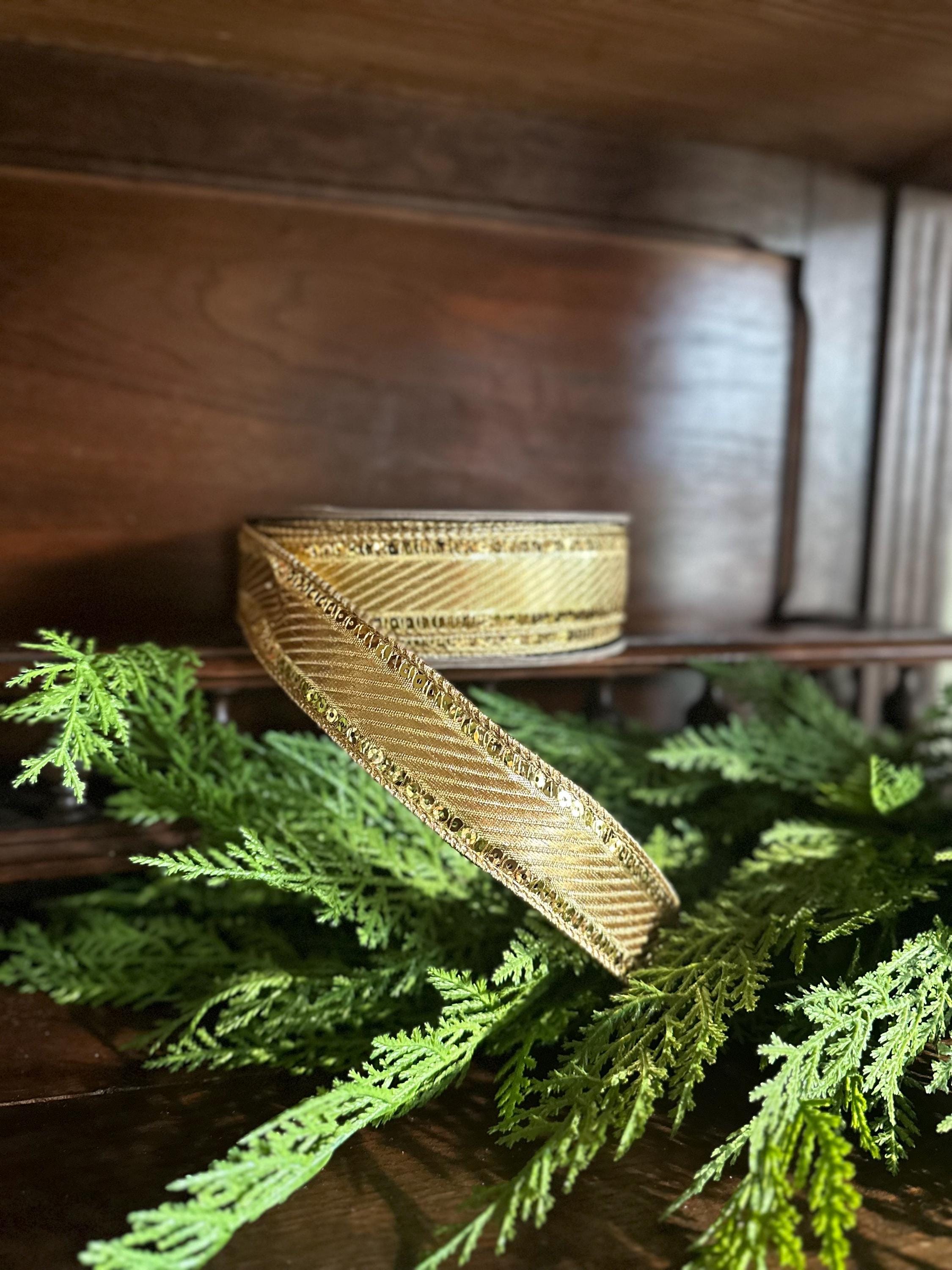 Gold Metallic Ribbon Craft Supply for Christmas Ribbon Wire Edge Sequin Trim Holiday Wreath Making Material Gift Wrap Party Accent
