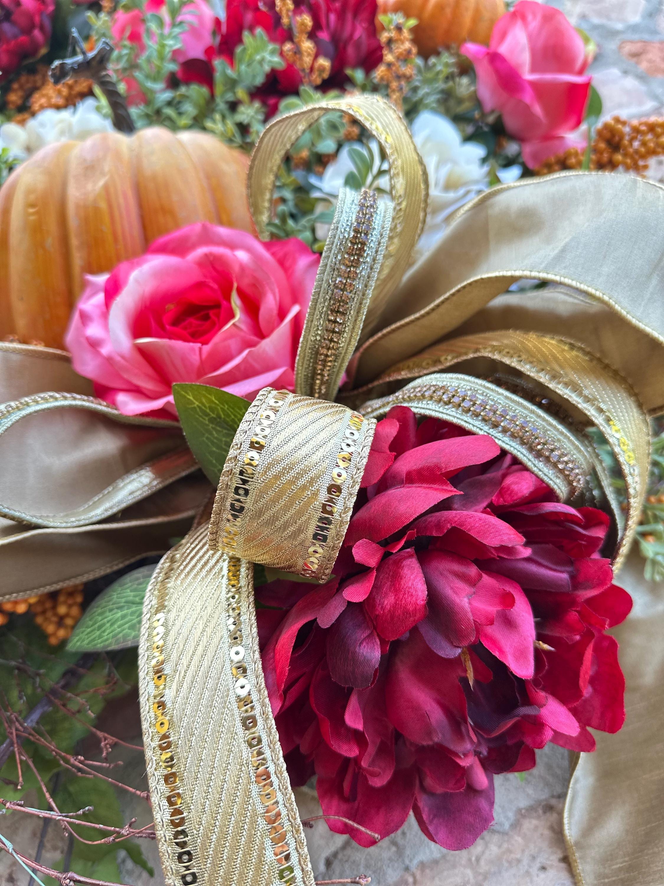 Gold Metallic Ribbon Craft Supply for Christmas Ribbon Wire Edge Sequin Trim Holiday Wreath Making Material Gift Wrap Party Accent