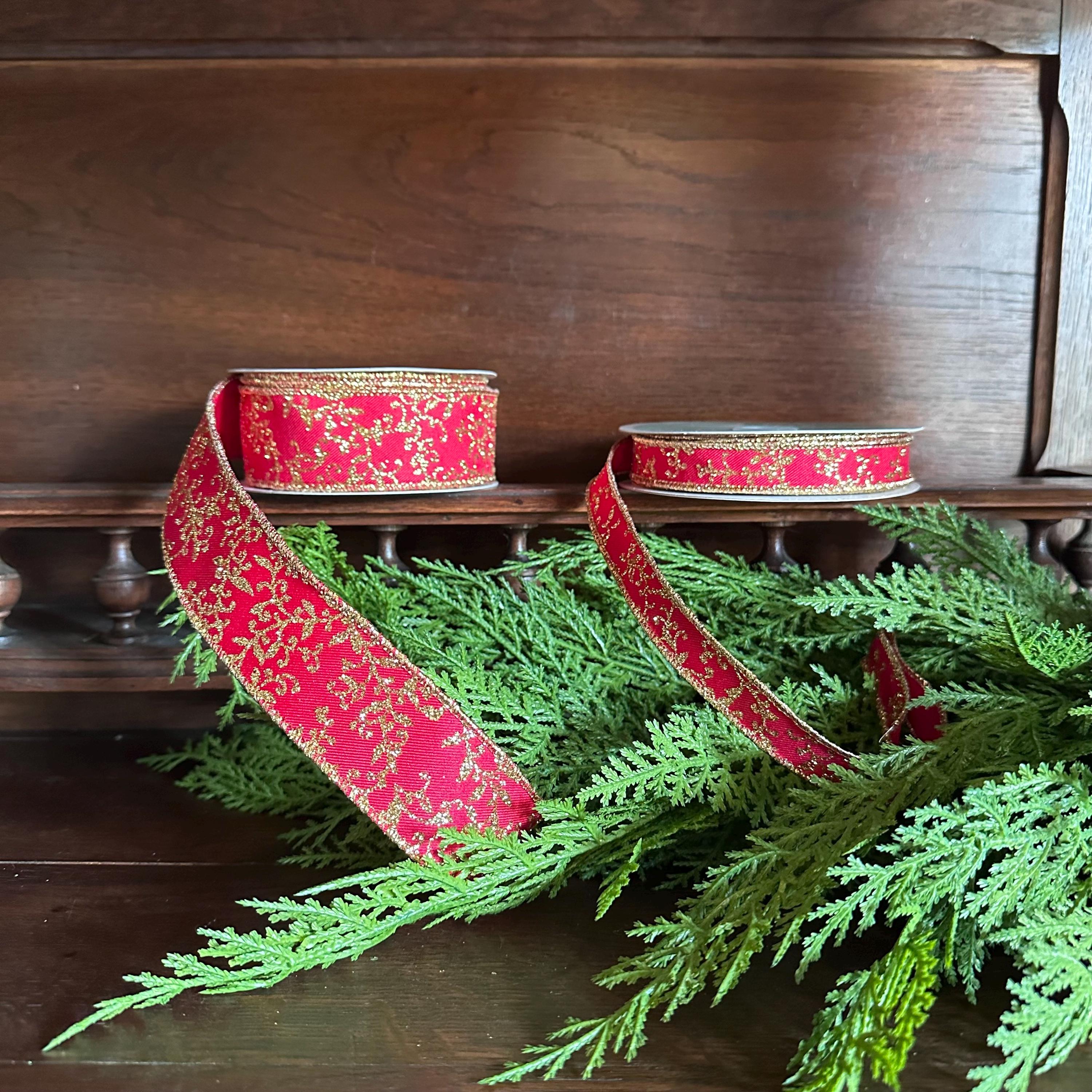 Christmas Ribbon Red Gold Glitter Leaf Vine Ribbon Wired Edge Holiday Ribbon Wreath Ribbon Designer Ribbon