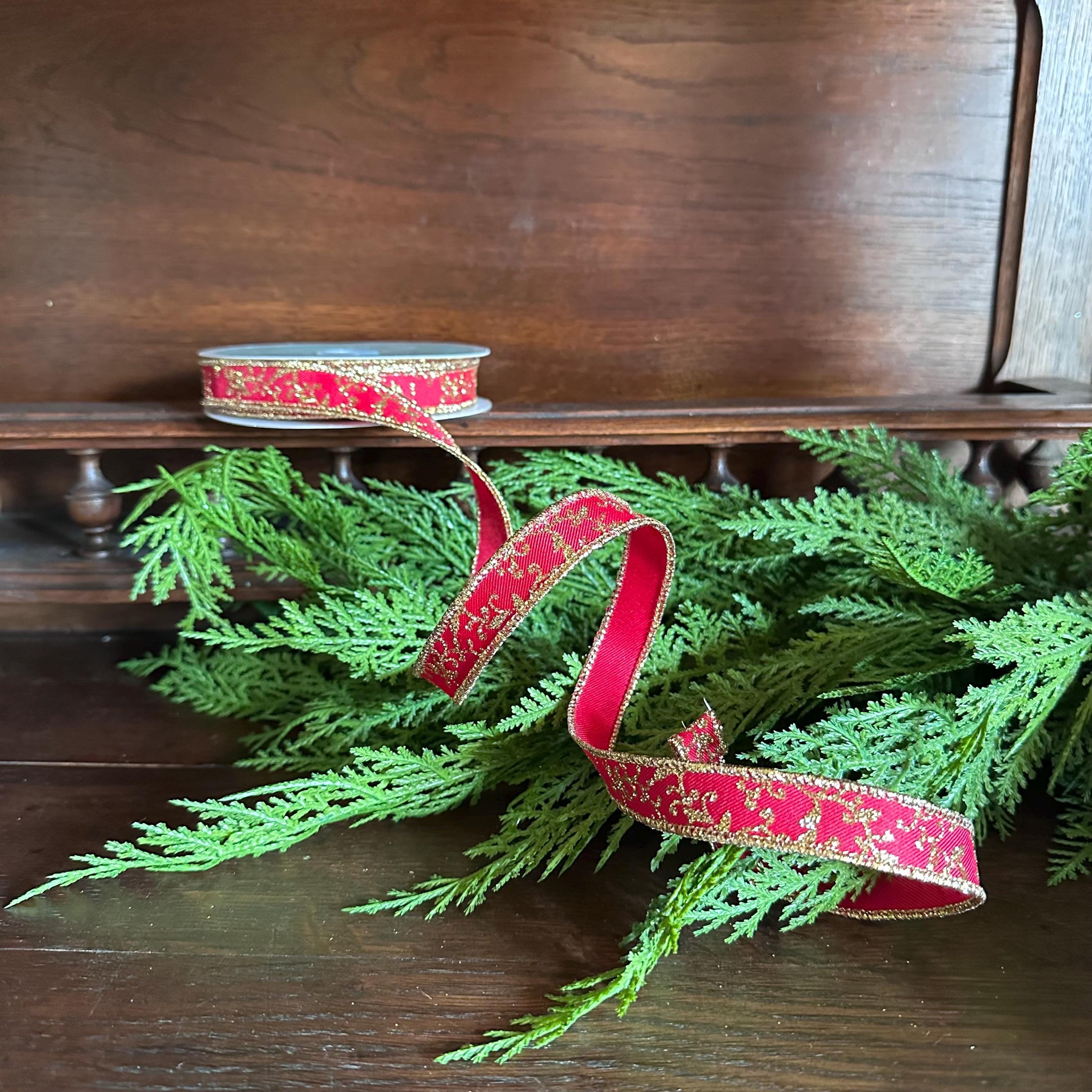 Christmas Ribbon Red Gold Glitter Leaf Vine Ribbon Wired Edge Holiday Ribbon Wreath Ribbon Designer Ribbon