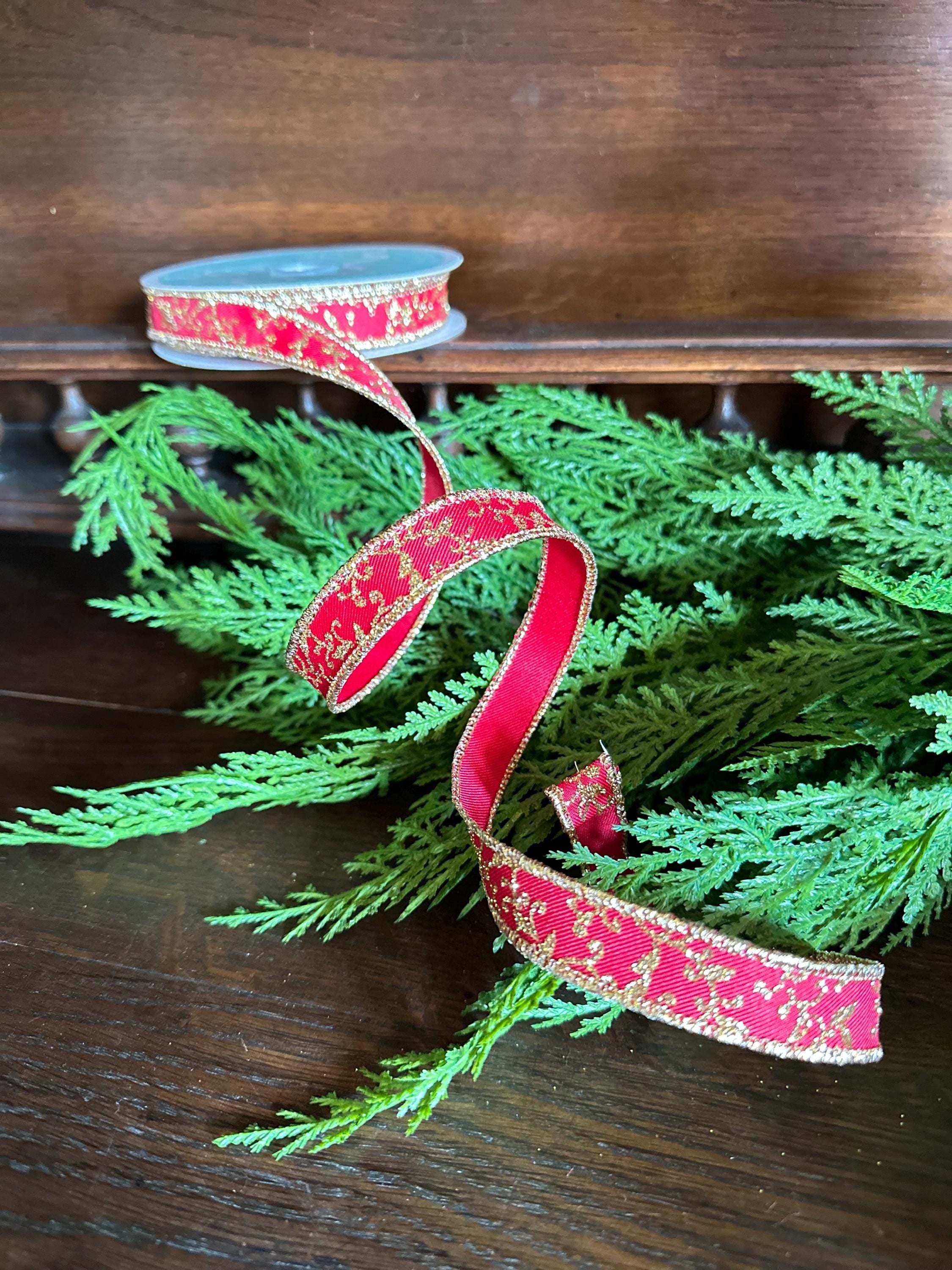 Christmas Ribbon Red Gold Glitter Leaf Vine Ribbon Wired Edge Holiday Ribbon Wreath Ribbon Designer Ribbon