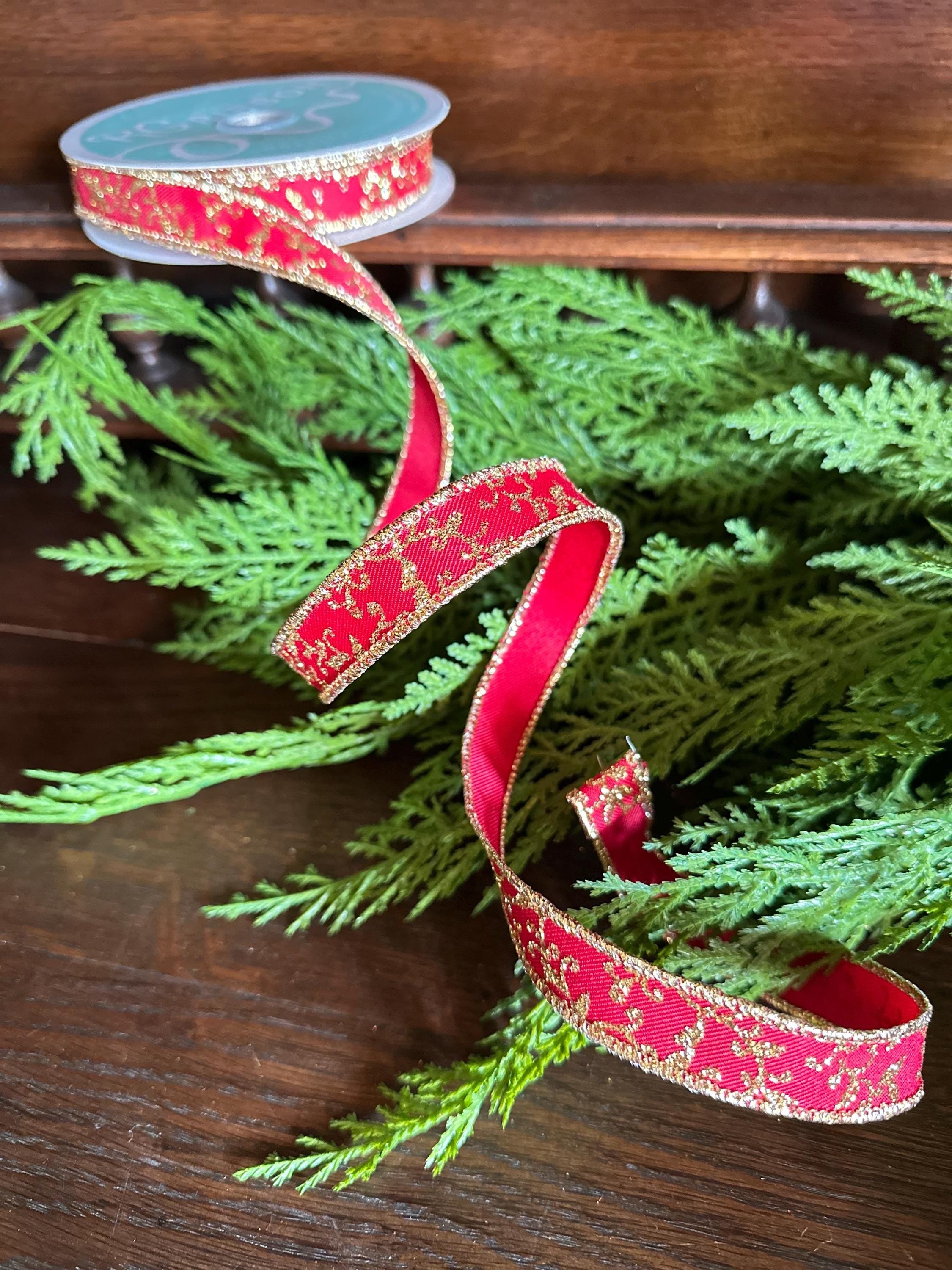 Christmas Ribbon Red Gold Glitter Leaf Vine Ribbon Wired Edge Holiday Ribbon Wreath Ribbon Designer Ribbon