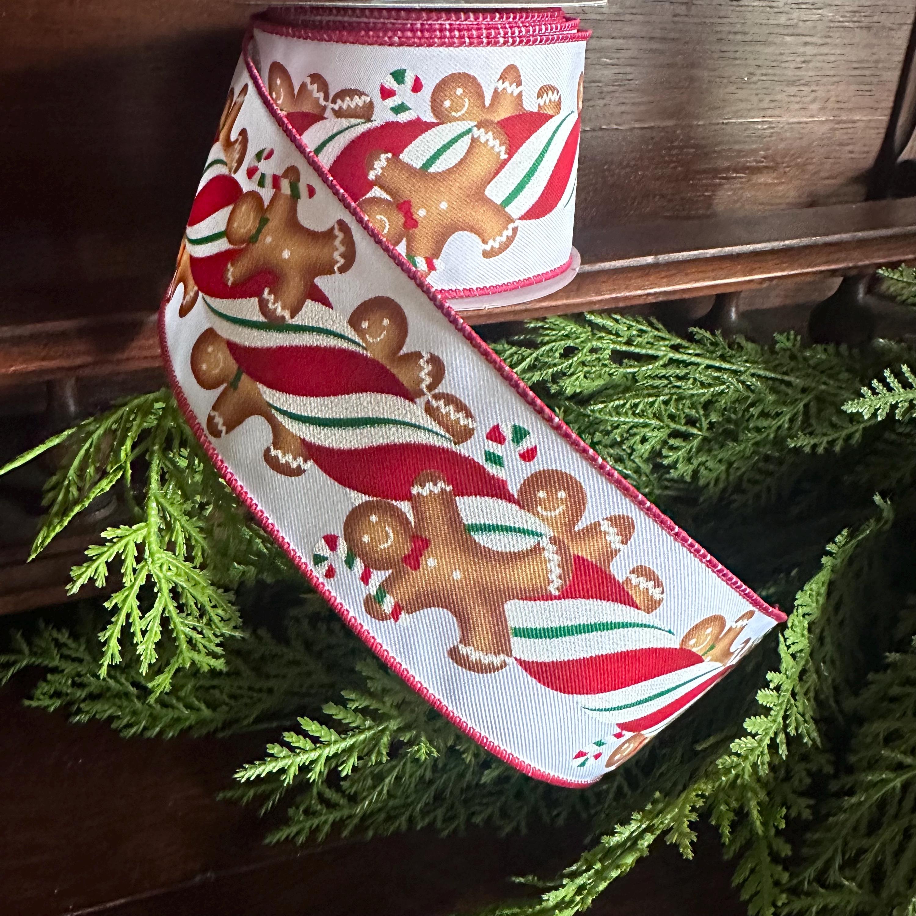 Christmas Ribbon, Gingerbread Candy Cane Wired Ribbon for Wreaths, Bows & Tree Decorating Craft Supply Wreath Making Decorative Ribbon