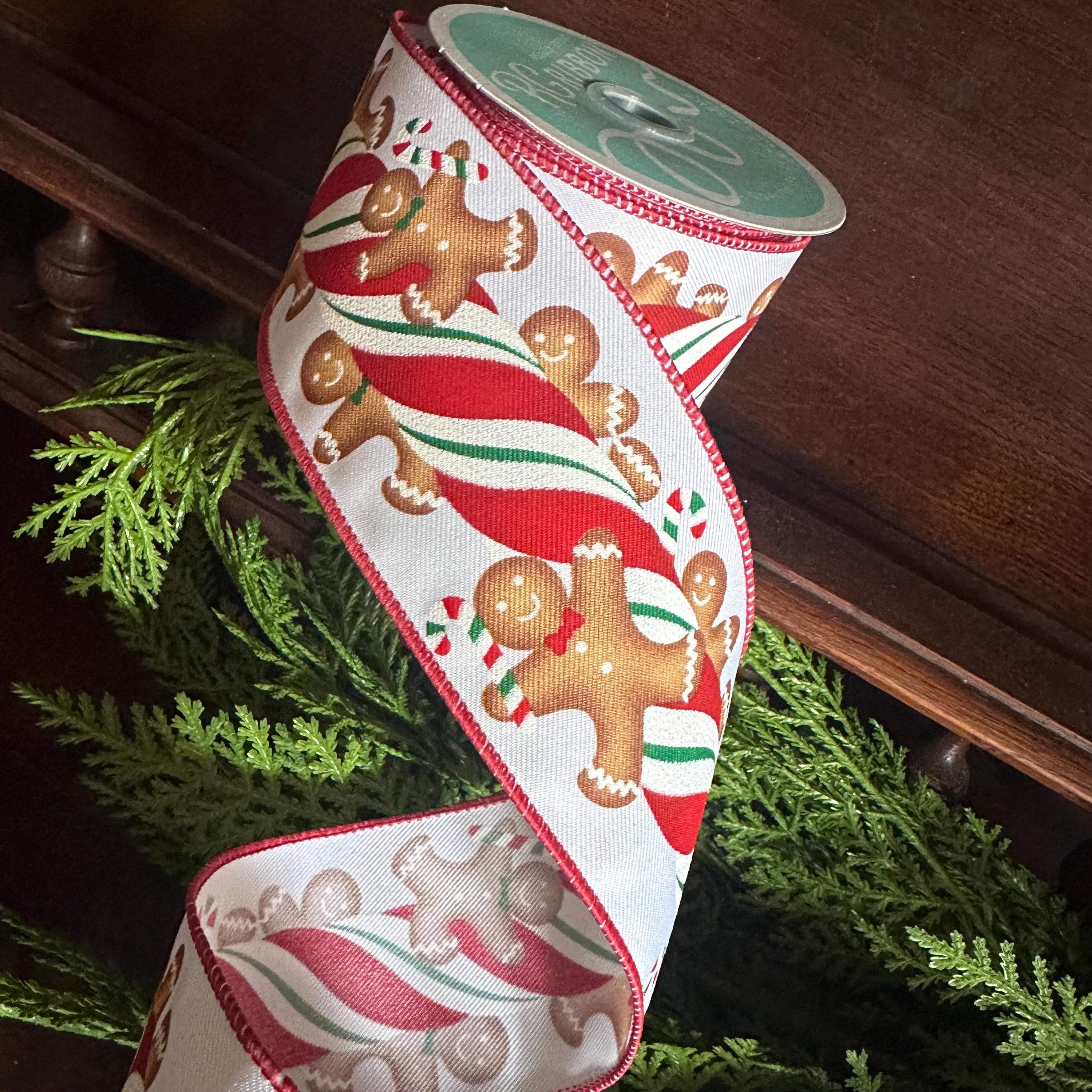 Christmas Ribbon, Gingerbread Candy Cane Wired Ribbon for Wreaths, Bows & Tree Decorating Craft Supply Wreath Making Decorative Ribbon