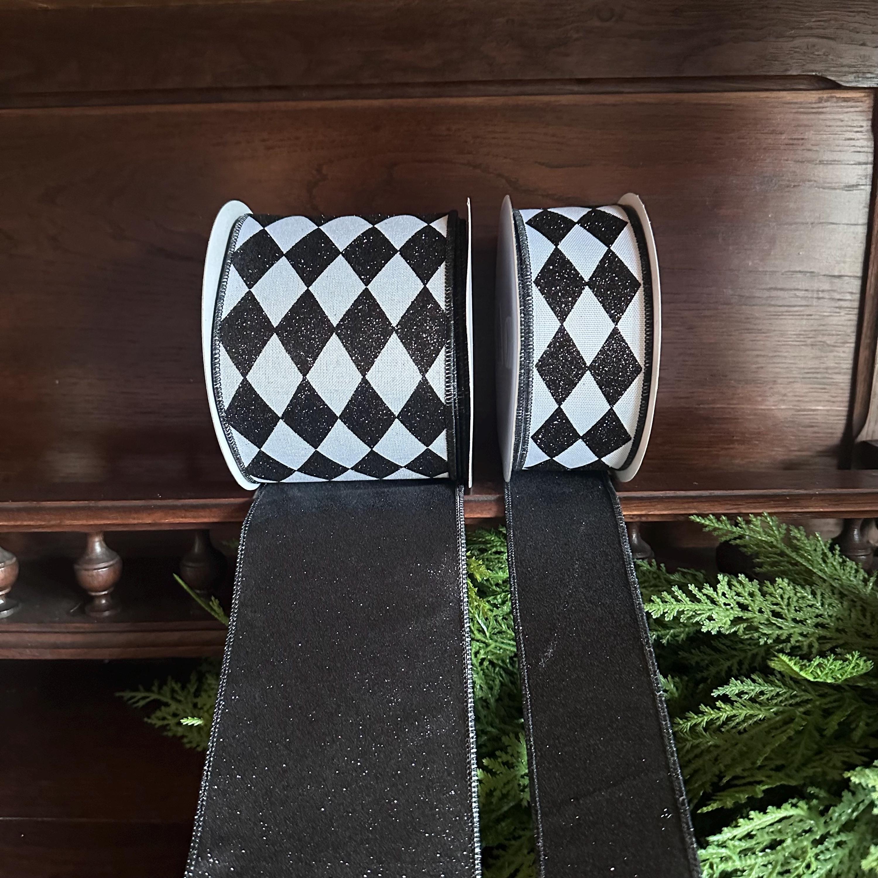 Christmas Ribbon Harlequin Wired Ribbon Black White Ribbon Wreath Ribbon Bow Making Ribbon Holiday Decor Gift Wrap Ribbon Designer Ribbon